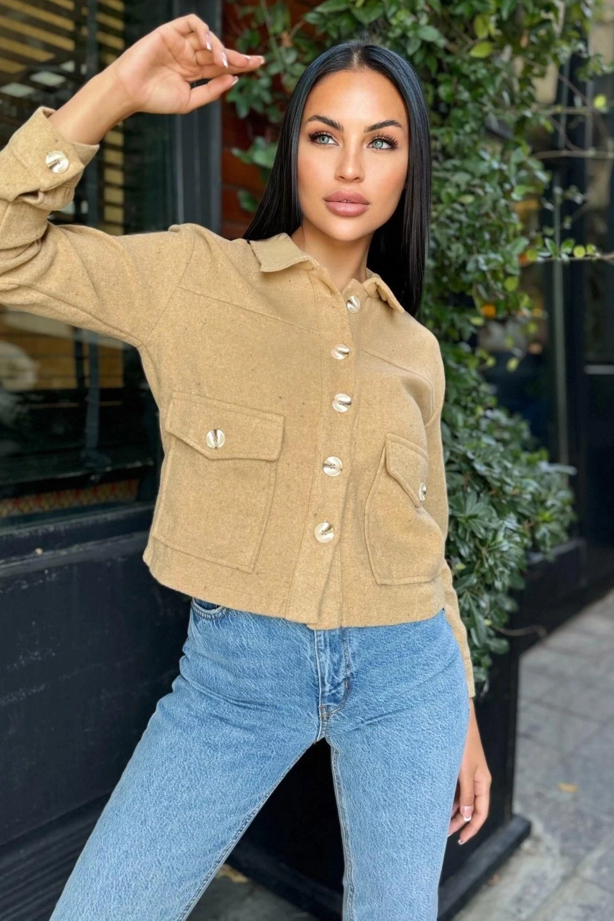 Camel Çift Cepli, Düğmeli Kaşe Ceket