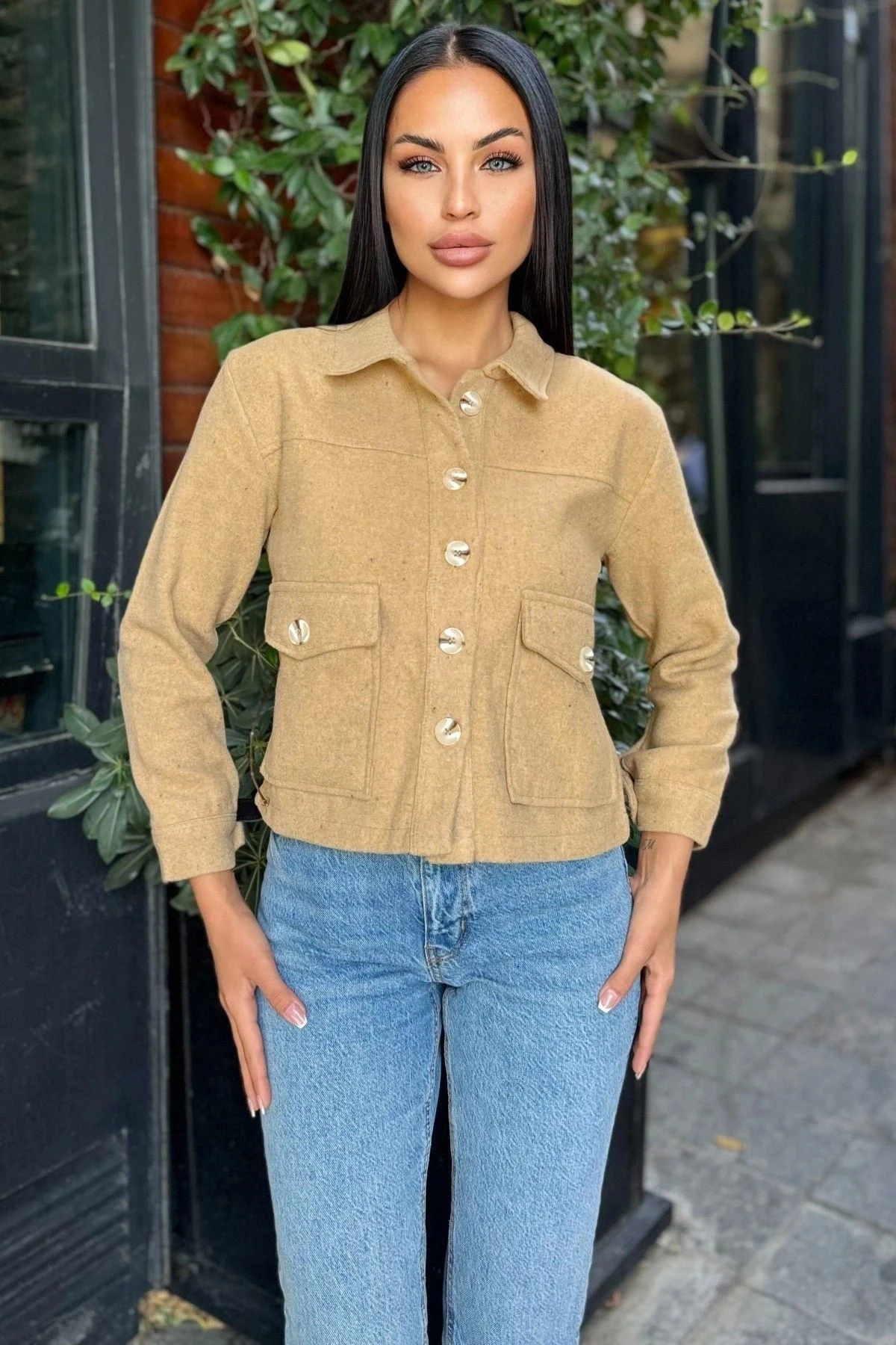 Camel Çift Cepli, Düğmeli Kaşe Ceket