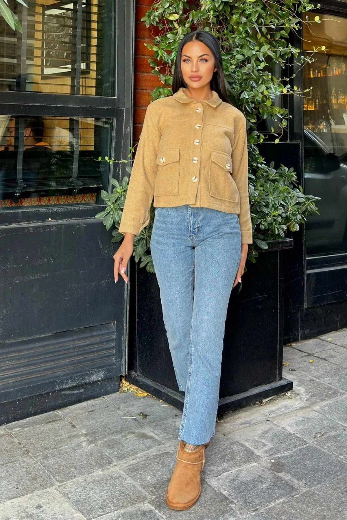 Camel Çift Cepli, Düğmeli Kaşe Ceket