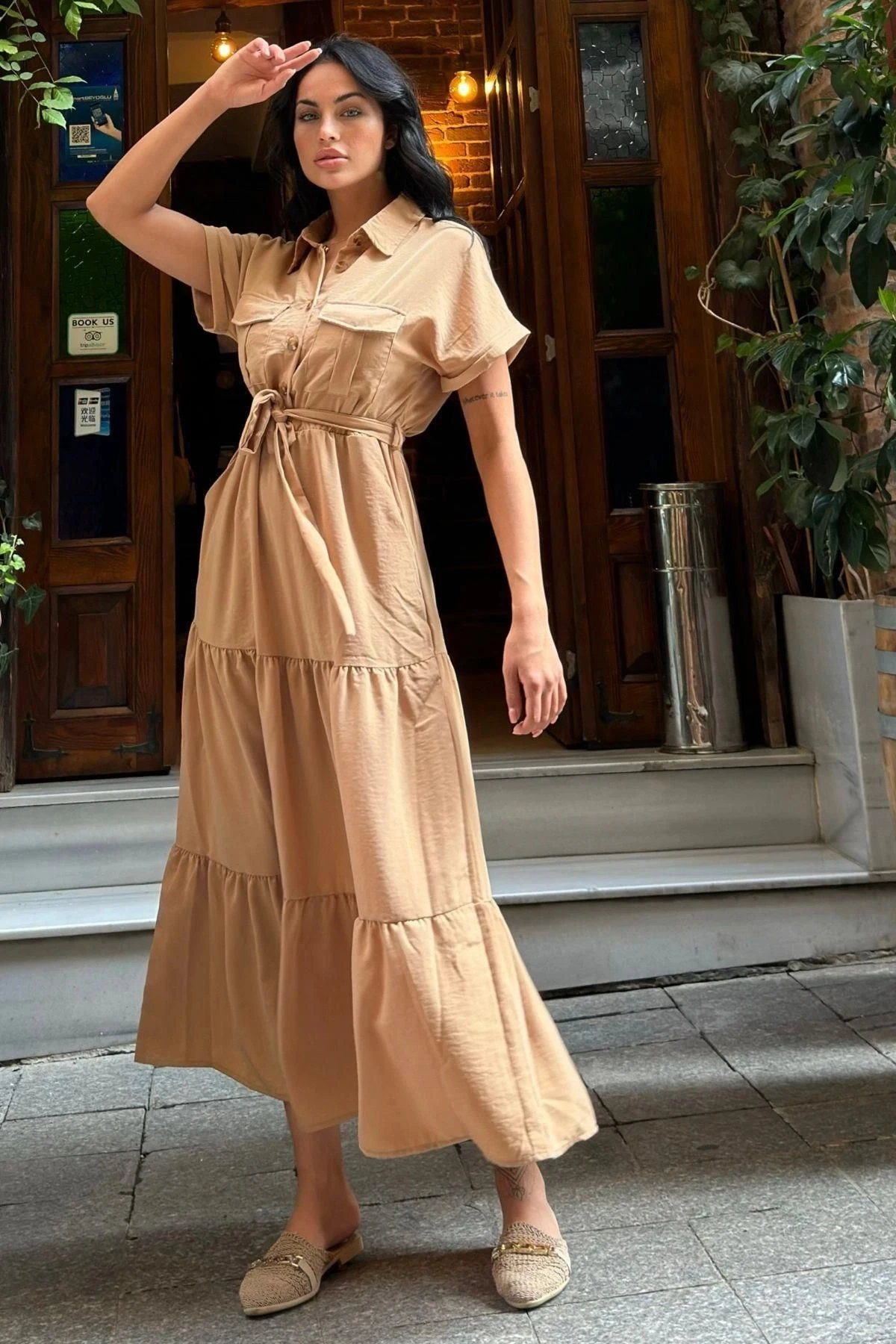 Camel Pliseli Cepli Maxi Kupra Elbise