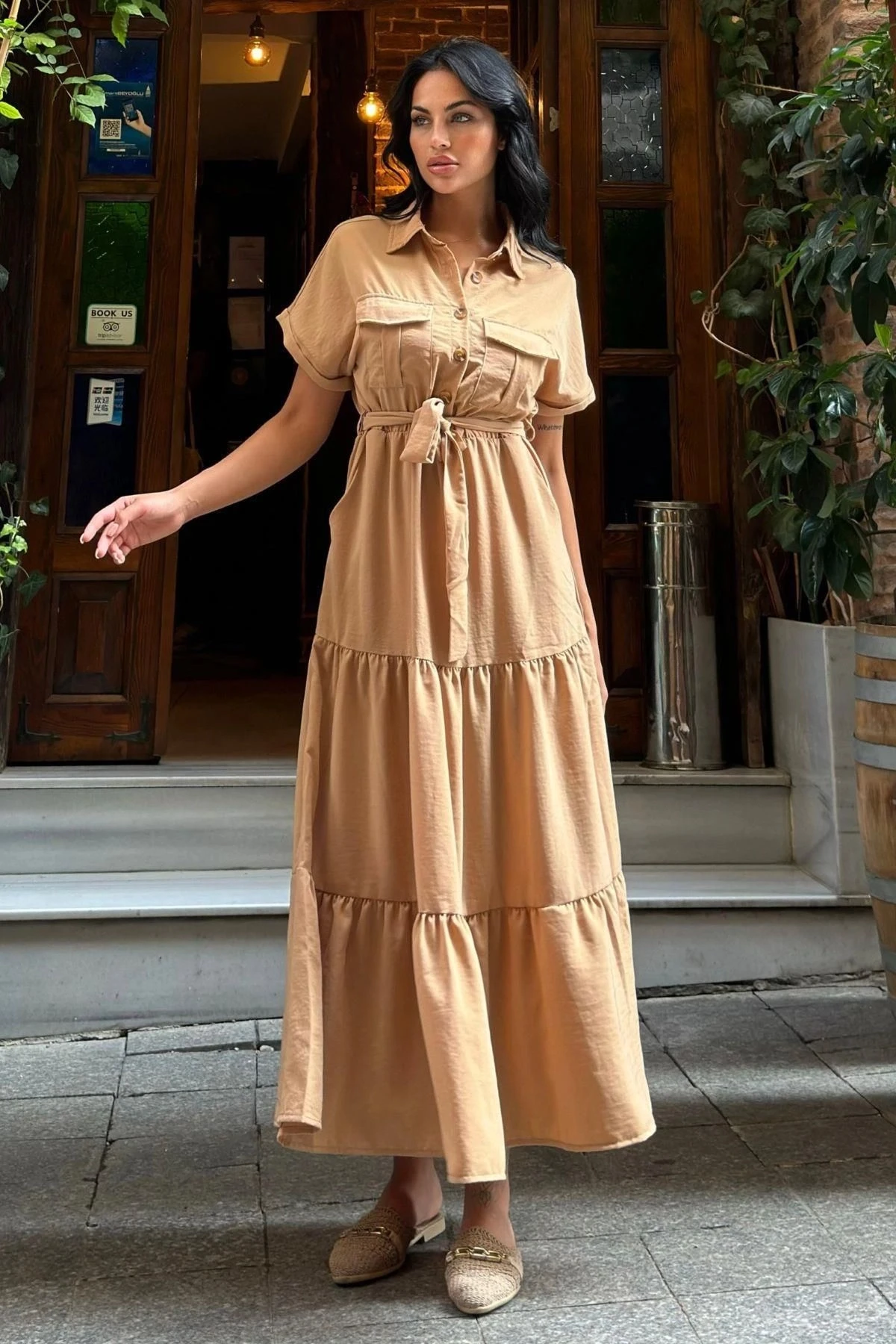 Camel Pliseli Cepli Maxi Kupra Elbise