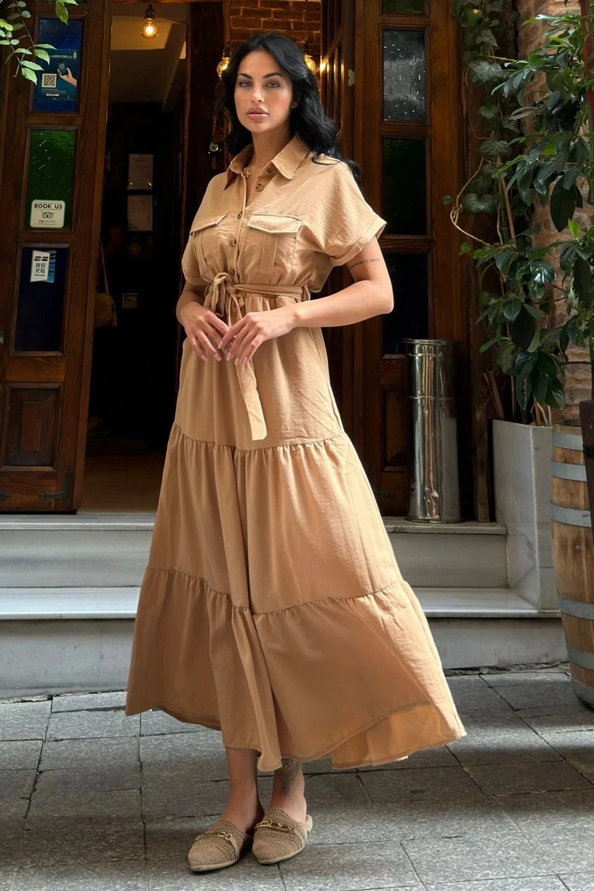 Camel Pliseli Cepli Maxi Kupra Elbise