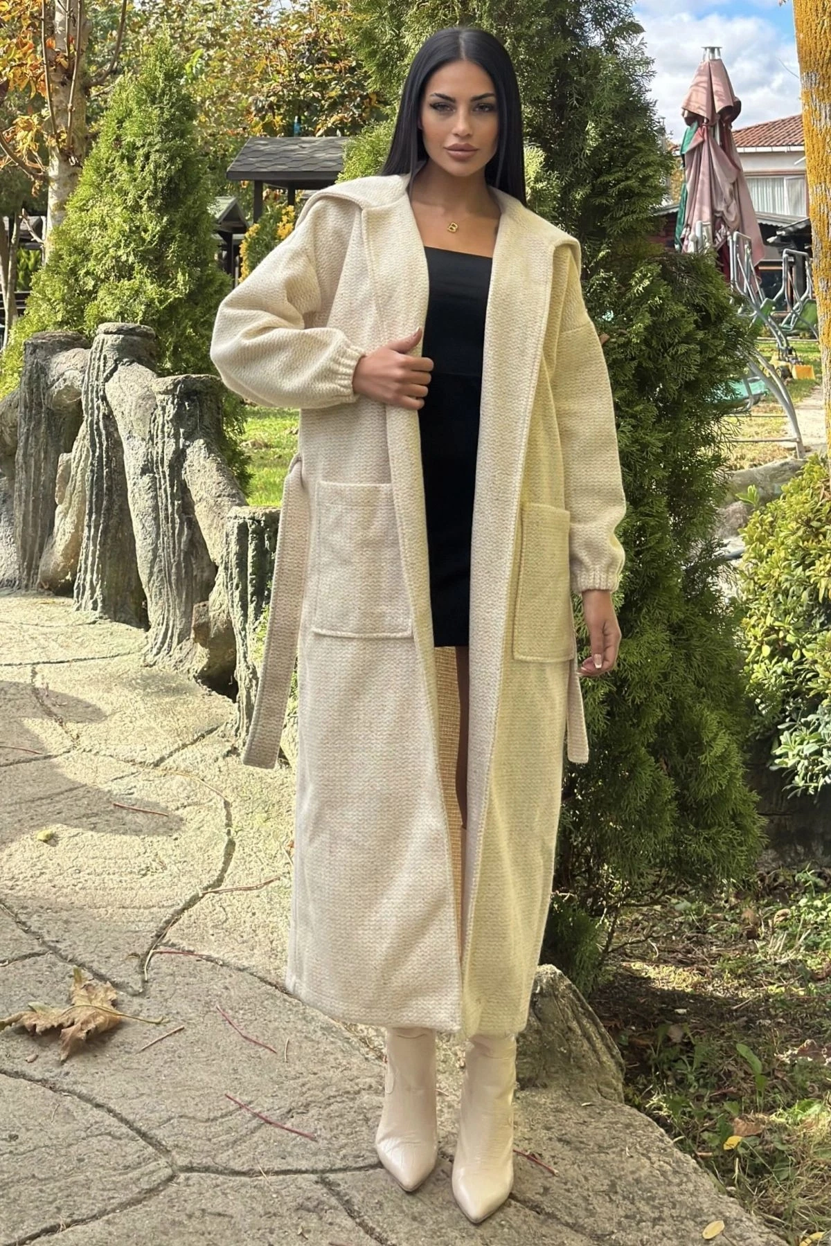 Ekru Cepli, Balon Kol, Kemerli, Kalın Örgü Triko, Uzun Kaban
