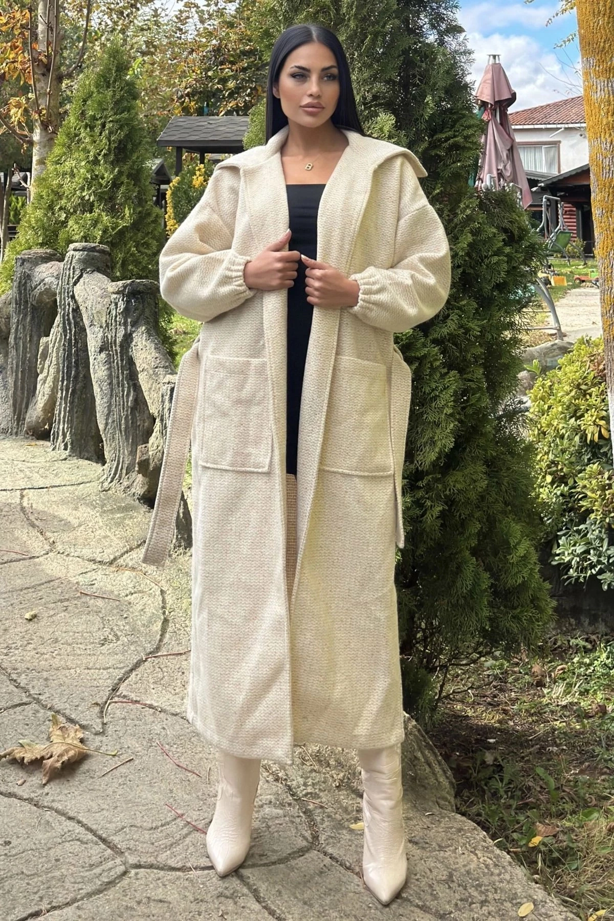 Ekru Cepli, Balon Kol, Kemerli, Kalın Örgü Triko, Uzun Kaban