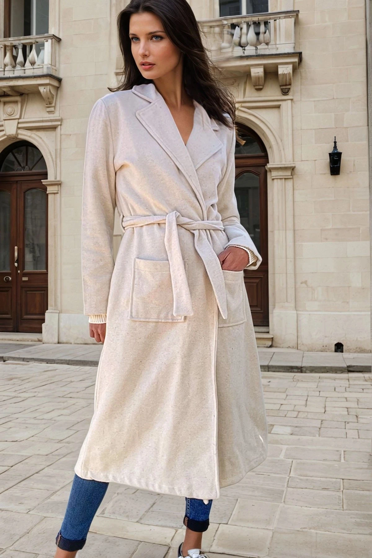 Ekru, Şal Yaka, Cepli, Kuşak Detaylı, Astarsız, Uzun Kaban