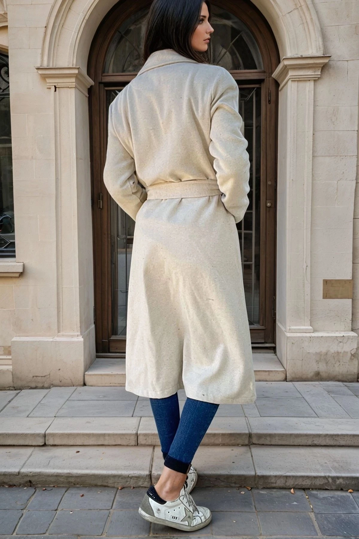 Ekru, Şal Yaka, Cepli, Kuşak Detaylı, Astarsız, Uzun Kaban