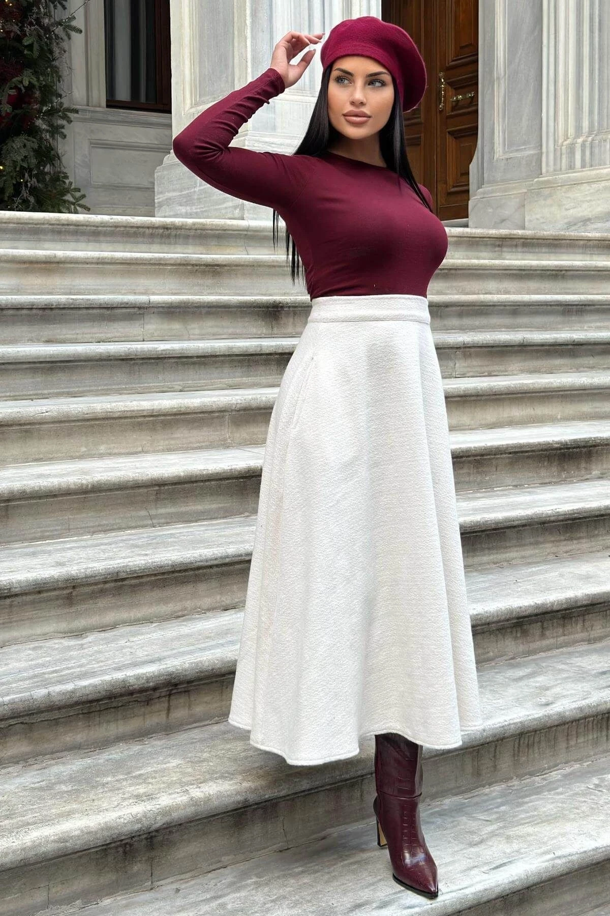 Ekru Yüksek Bel, Cepli, Kiloş Kesim, Kırçıllı Kaşe Uzun Etek