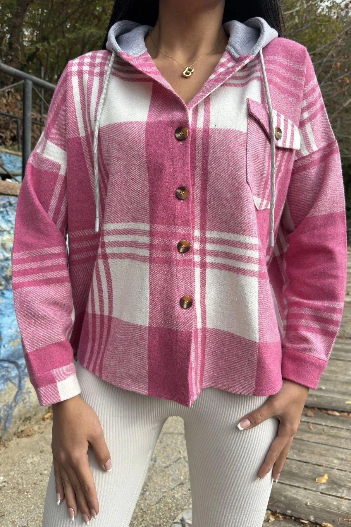 Fuşya Ekose Desenli, Yumuşak Dokulu, Kapüşonlu Oduncu Gömlek
