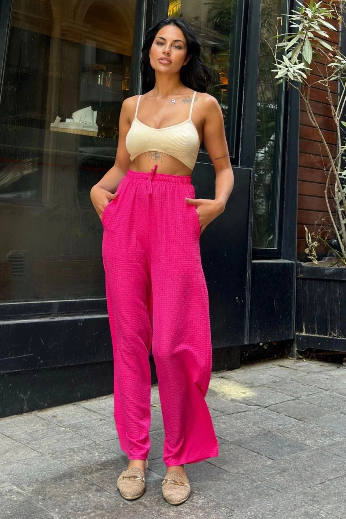 Fuşya Gofre Beli Lastikli Pantolon