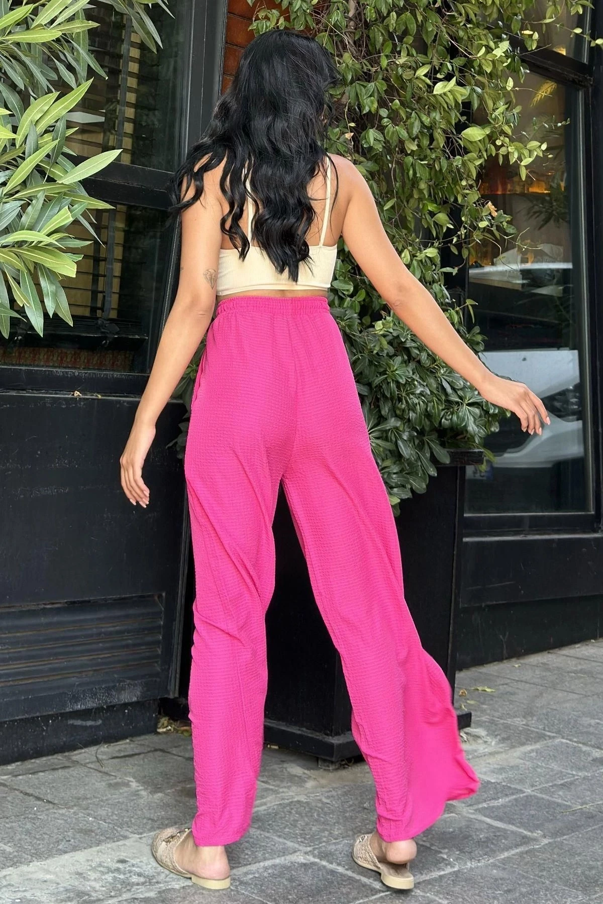 Fuşya Gofre Beli Lastikli Pantolon