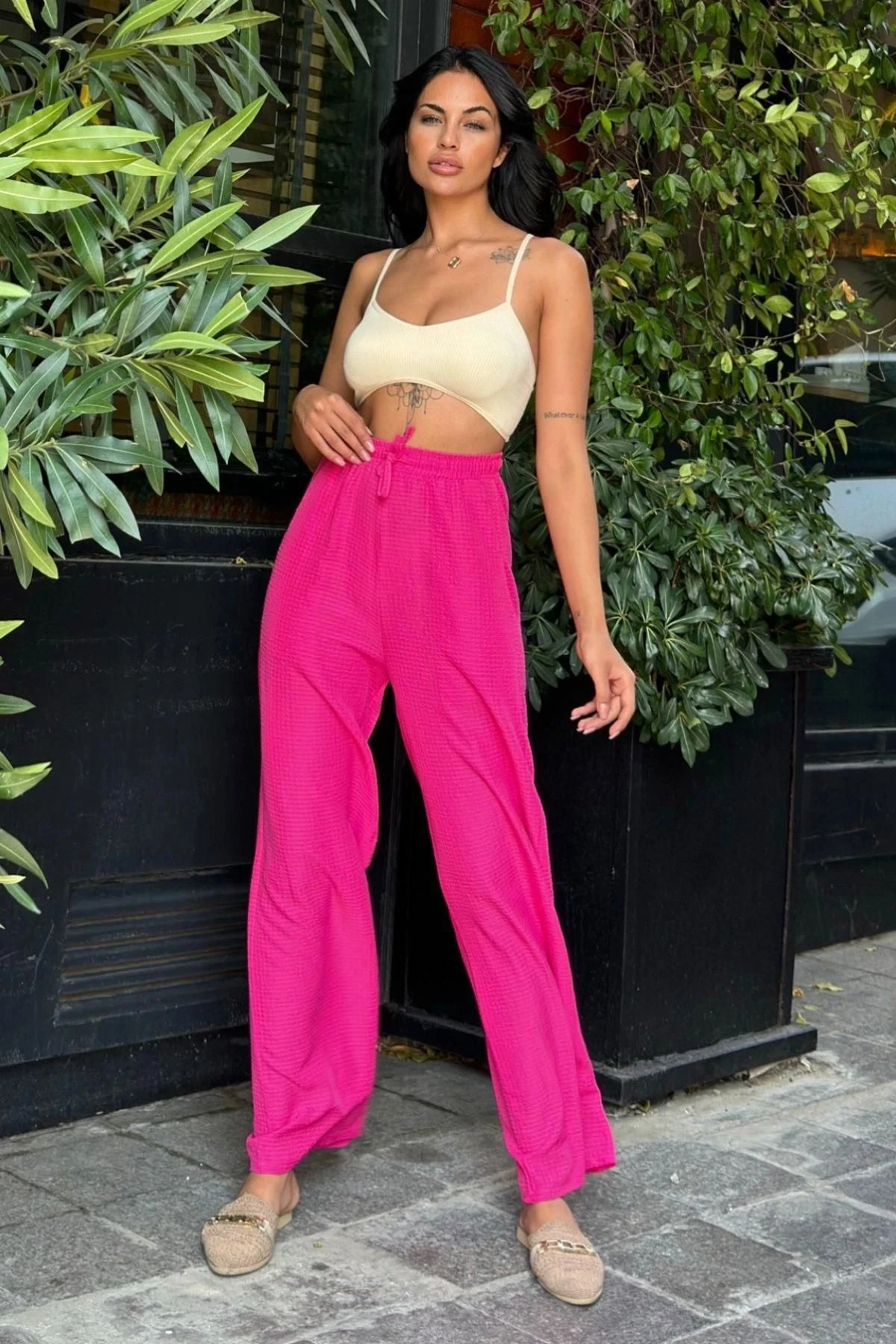 Fuşya Gofre Beli Lastikli Pantolon