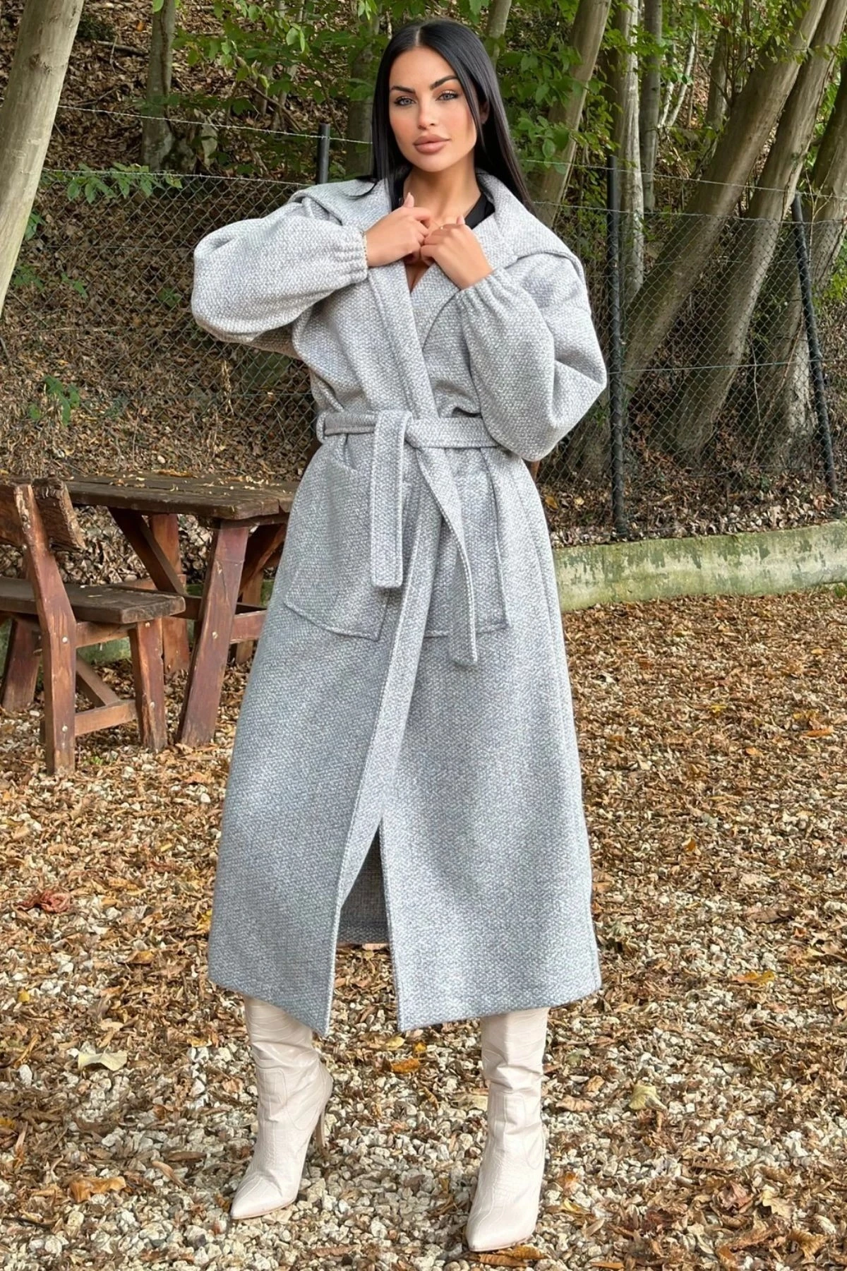 Gri Cepli, Balon Kol, Kemerli, Kalın Örgü Triko, Uzun Kaban