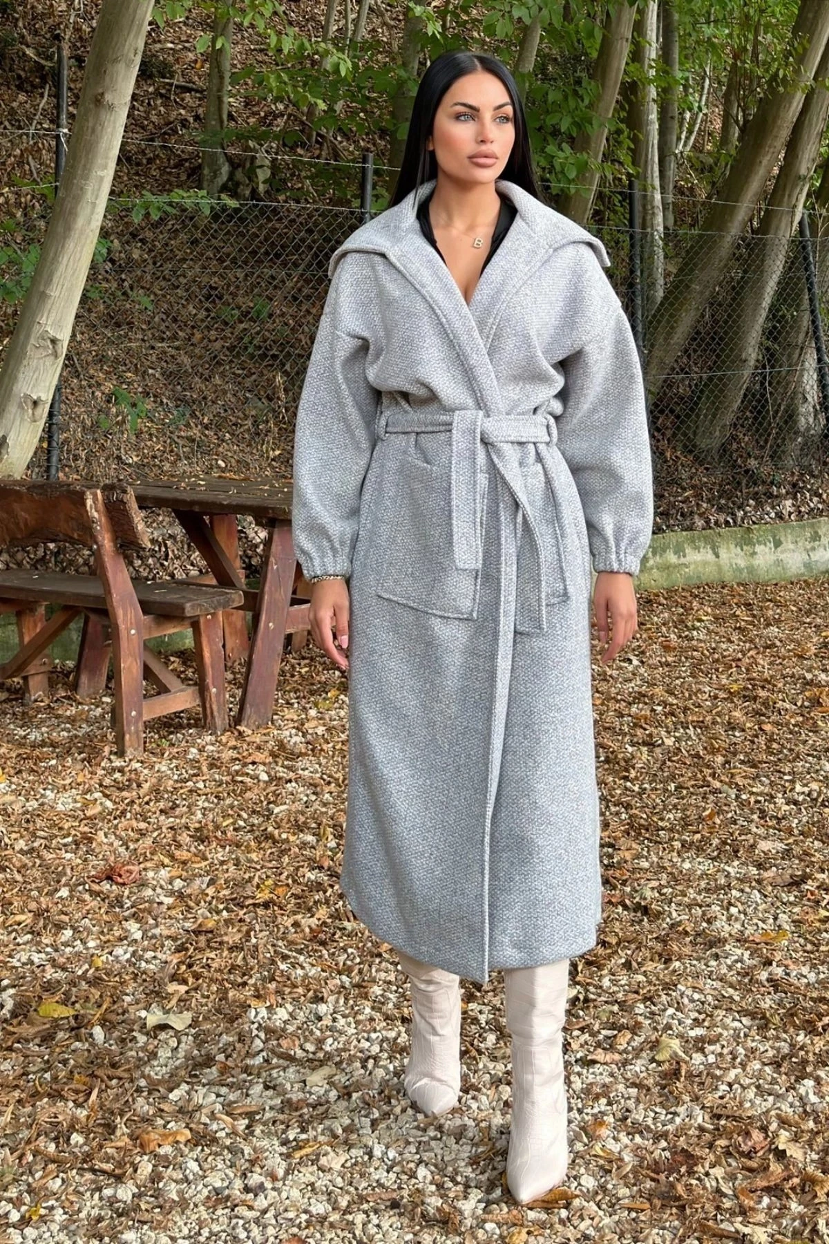 Gri Cepli, Balon Kol, Kemerli, Kalın Örgü Triko, Uzun Kaban