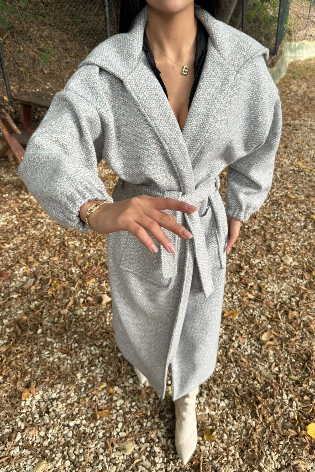 Gri Cepli, Balon Kol, Kemerli, Kalın Örgü Triko, Uzun Kaban