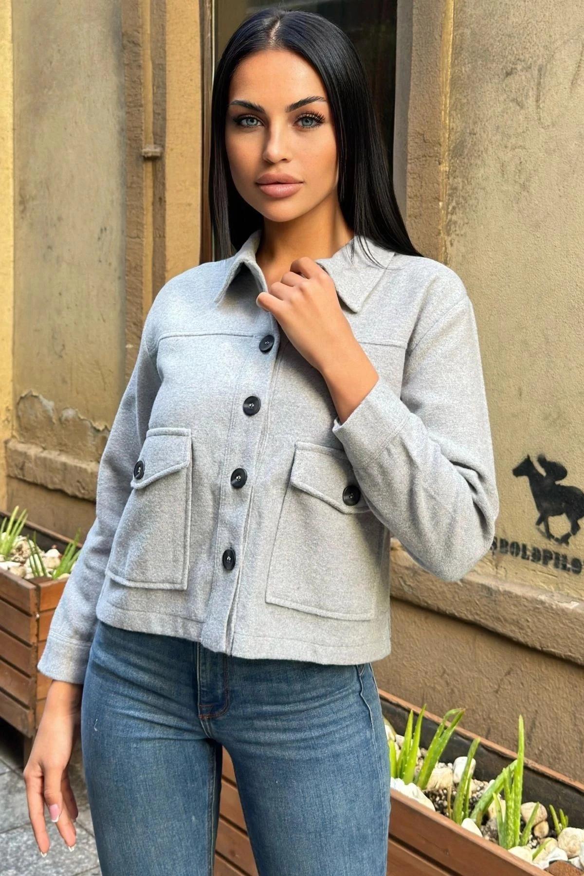 Gri Çift Cepli, Düğmeli Kaşe Ceket