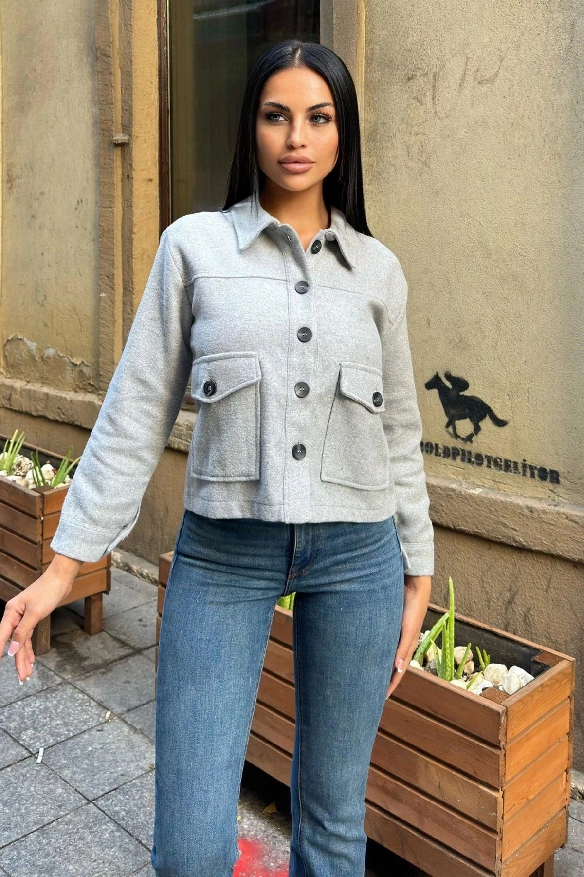 Gri Çift Cepli, Düğmeli Kaşe Ceket