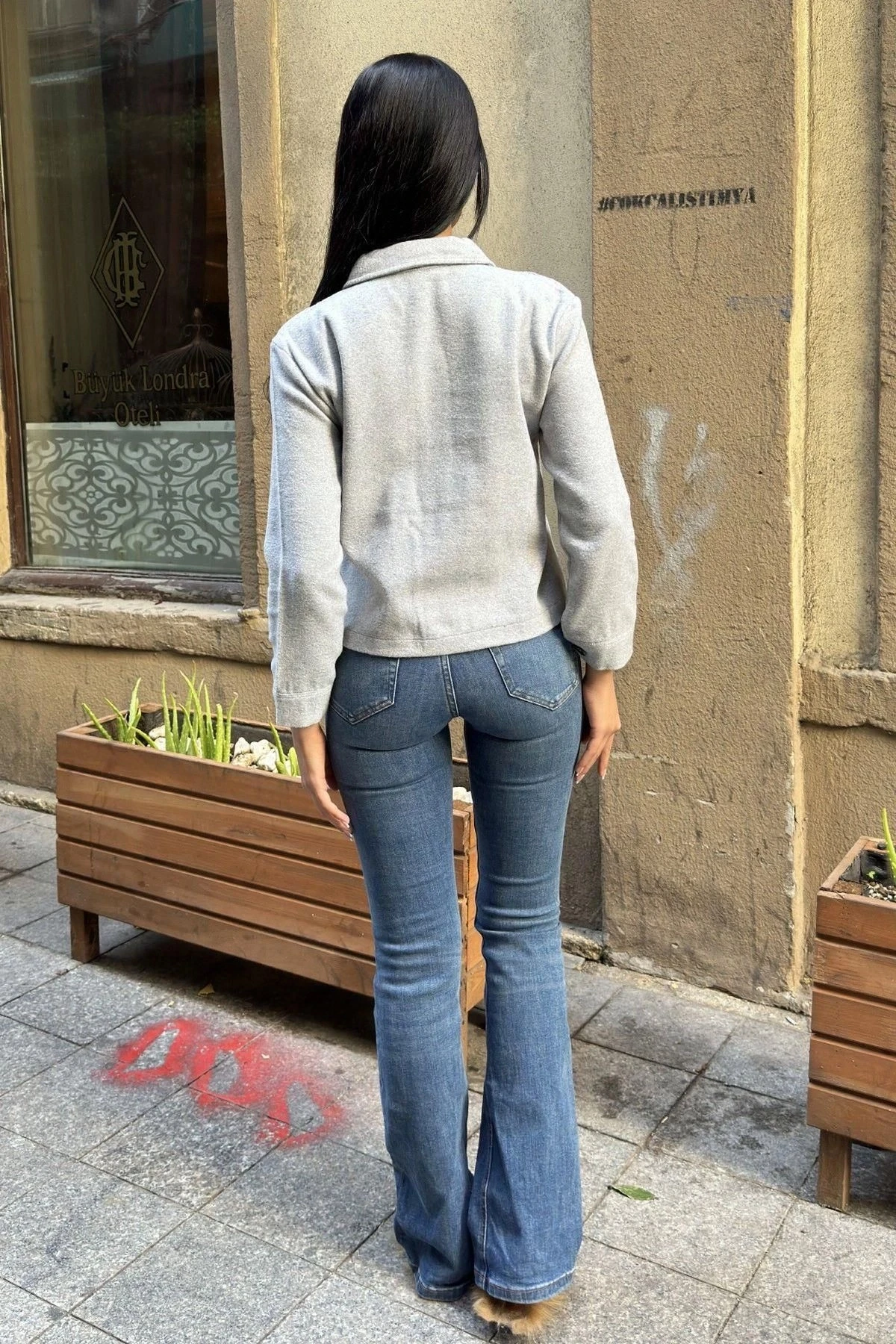 Gri Çift Cepli, Düğmeli Kaşe Ceket