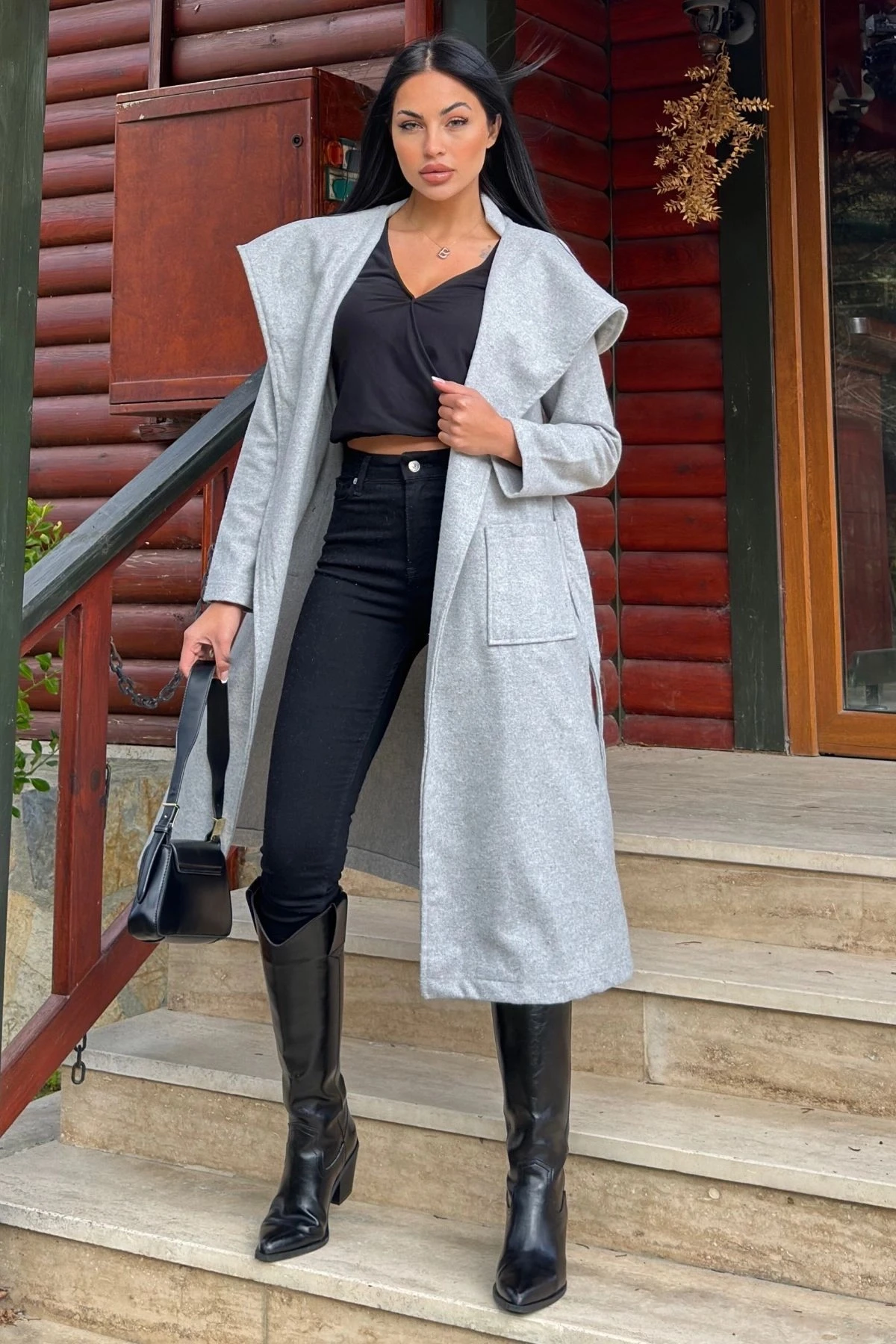 Gri Kruvaze Yaka, Kapüşonlu, Çift Cepli, Beli Kemerli, Uzun Kaşe Kaban (Astarsız)