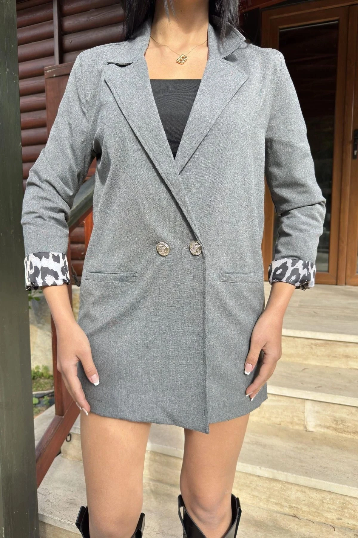 Gri Leopar Astarlı, Çift Düğmeli, Midi, Kruvaze Blazer Ceket
