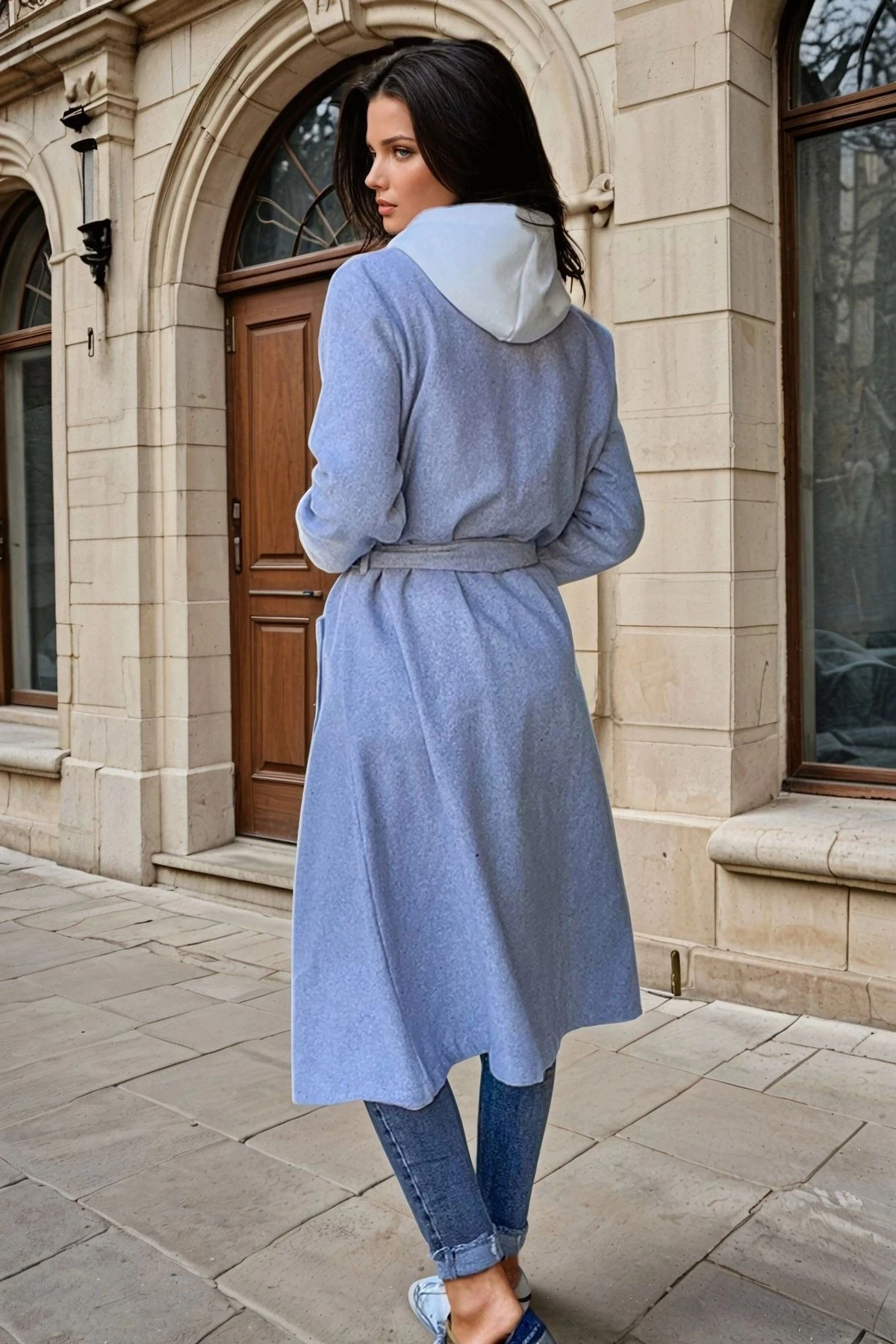 Gri Şal Yaka, Cepli, Kuşak Detaylı, Astarsız, Uzun Kaban