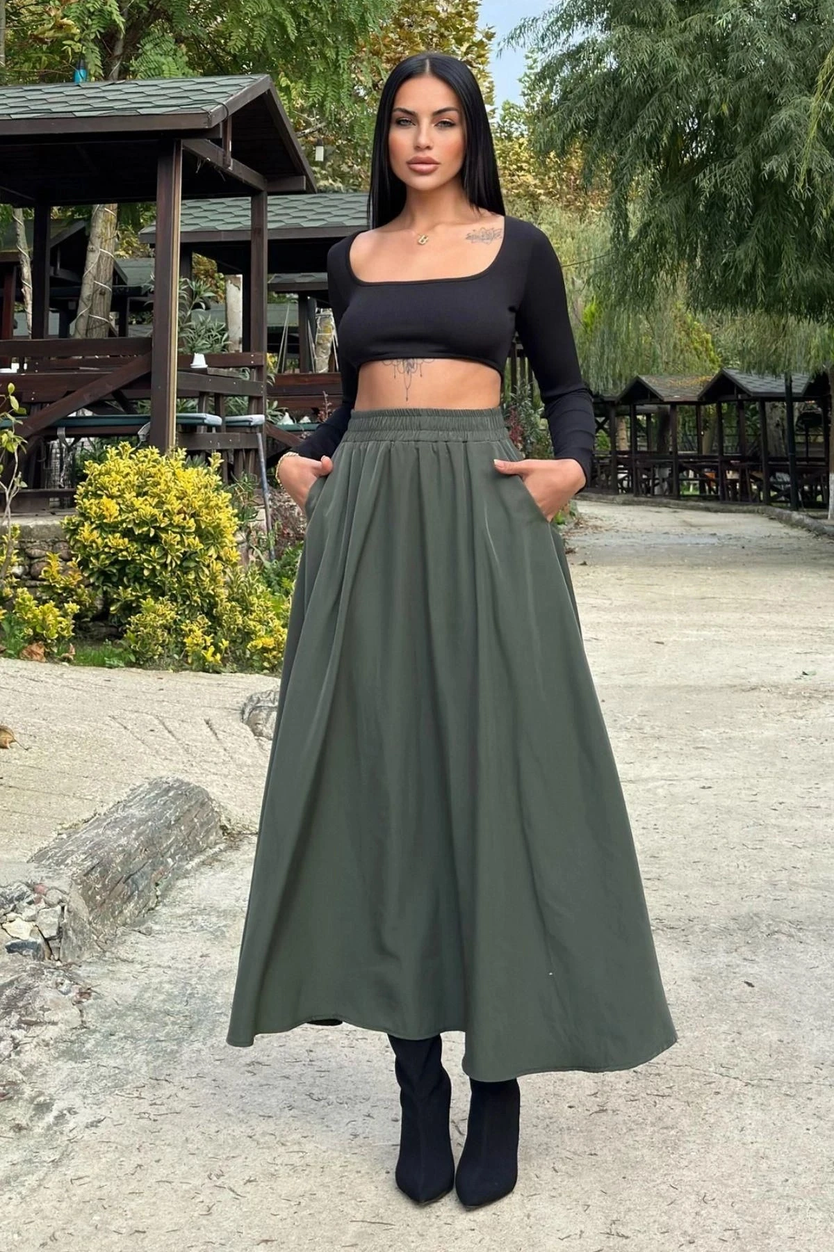 Haki Lastikli Yüksek Bel, A Kesim, Dökümlü Ve Salaş, Uzun Kupra Etek