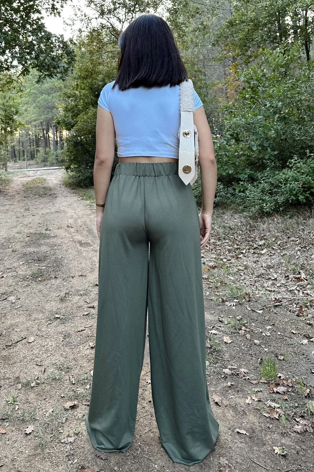 Haki Lastikli Yüksek Bel, Cepli, Bol Paça, Salaş Pantolon