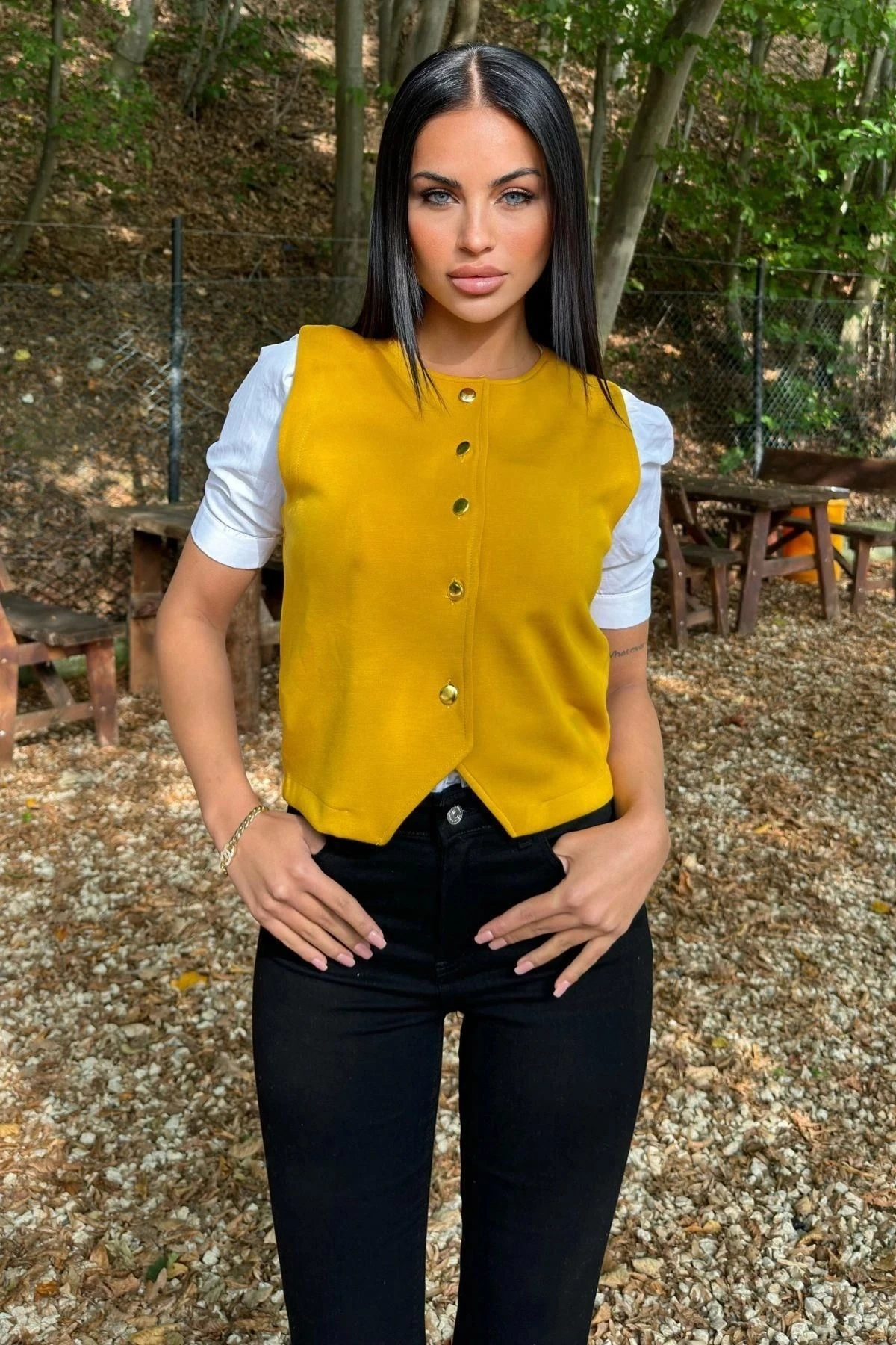 Hardal Yuvarlak Yaka, Gold Düğmeli, Scuba Yelek