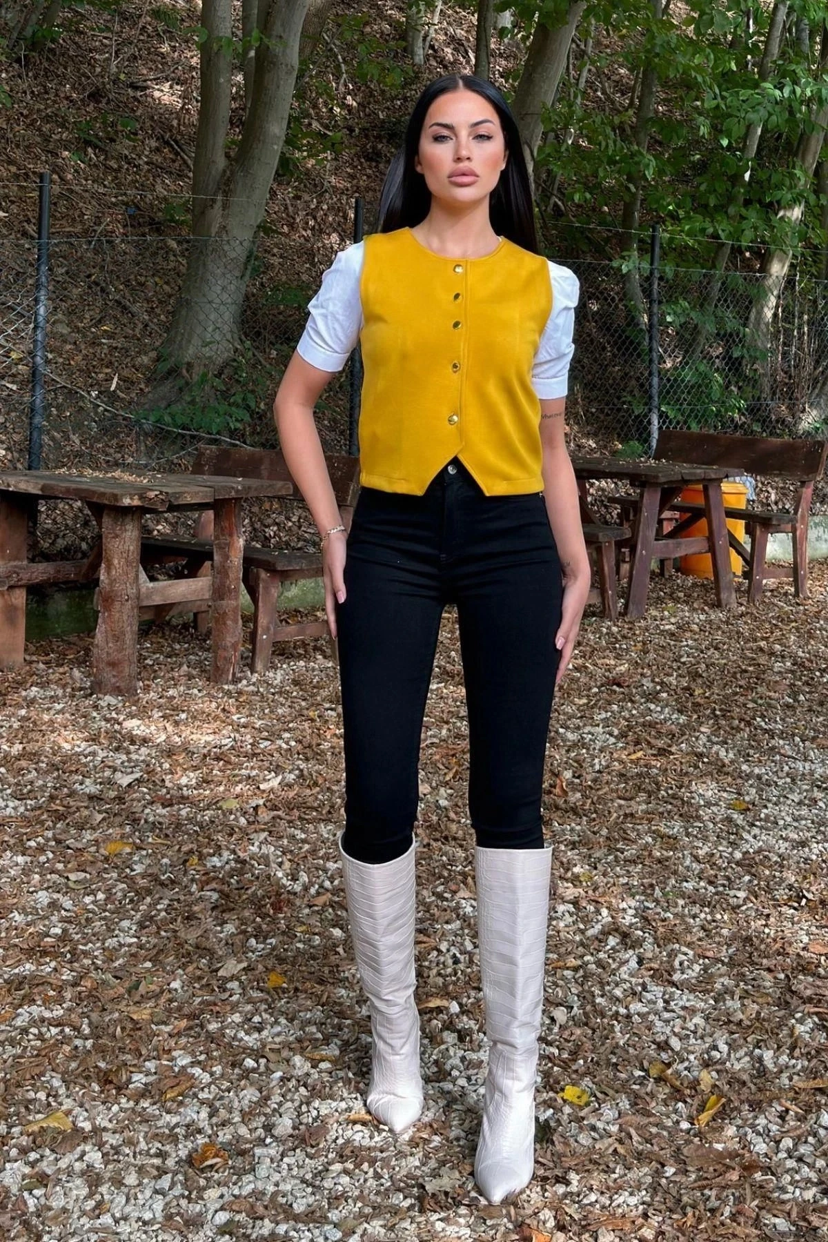 Hardal Yuvarlak Yaka, Gold Düğmeli, Scuba Yelek