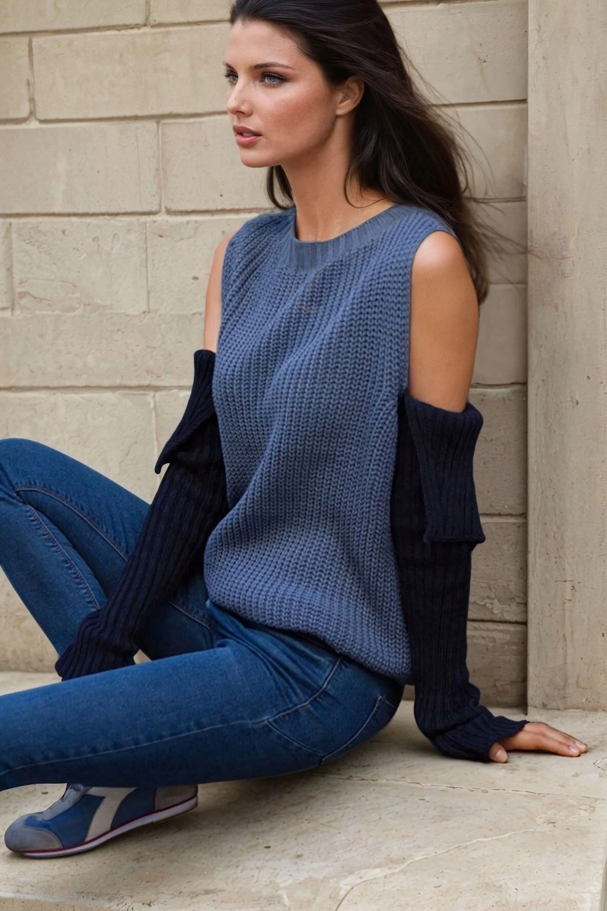 İndigo Yuvarlak Yaka, Renkli, Asimetrik Kesim, Triko