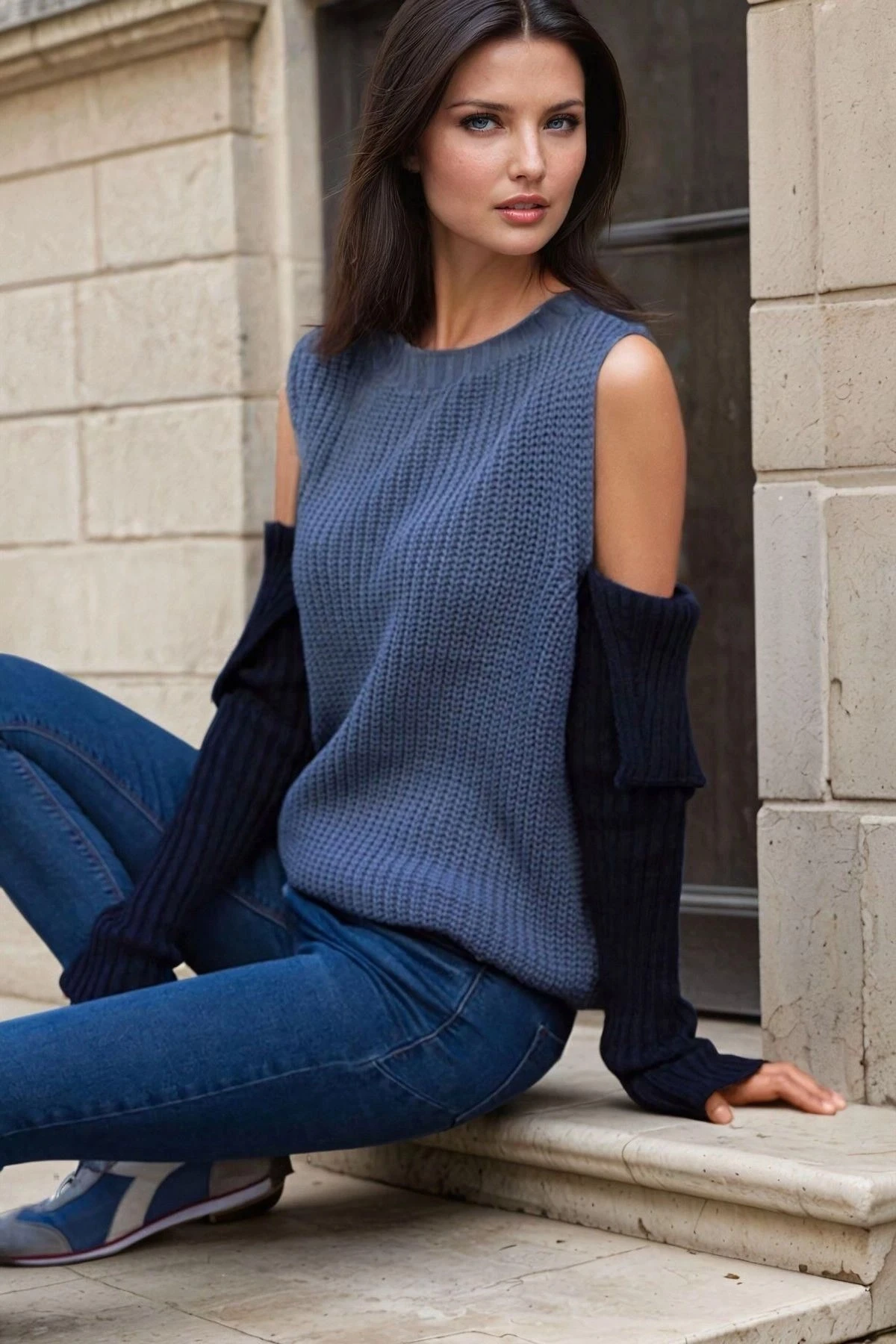 İndigo Yuvarlak Yaka, Renkli, Asimetrik Kesim, Triko