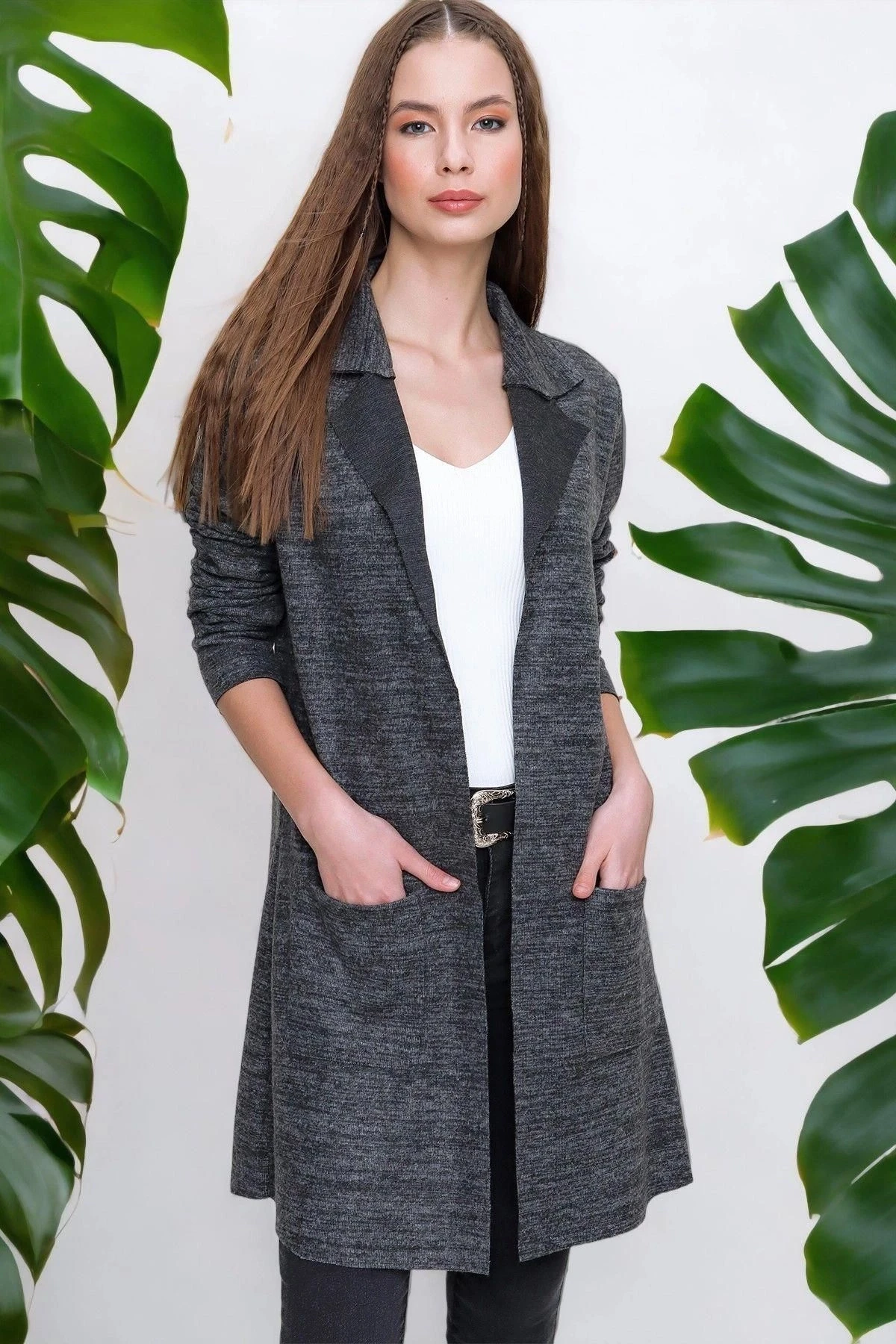 Kadın Antrasit Dokulu Çift Cep Uzun Ceket Hırka Uzun Kol - Tesettüre Uygun