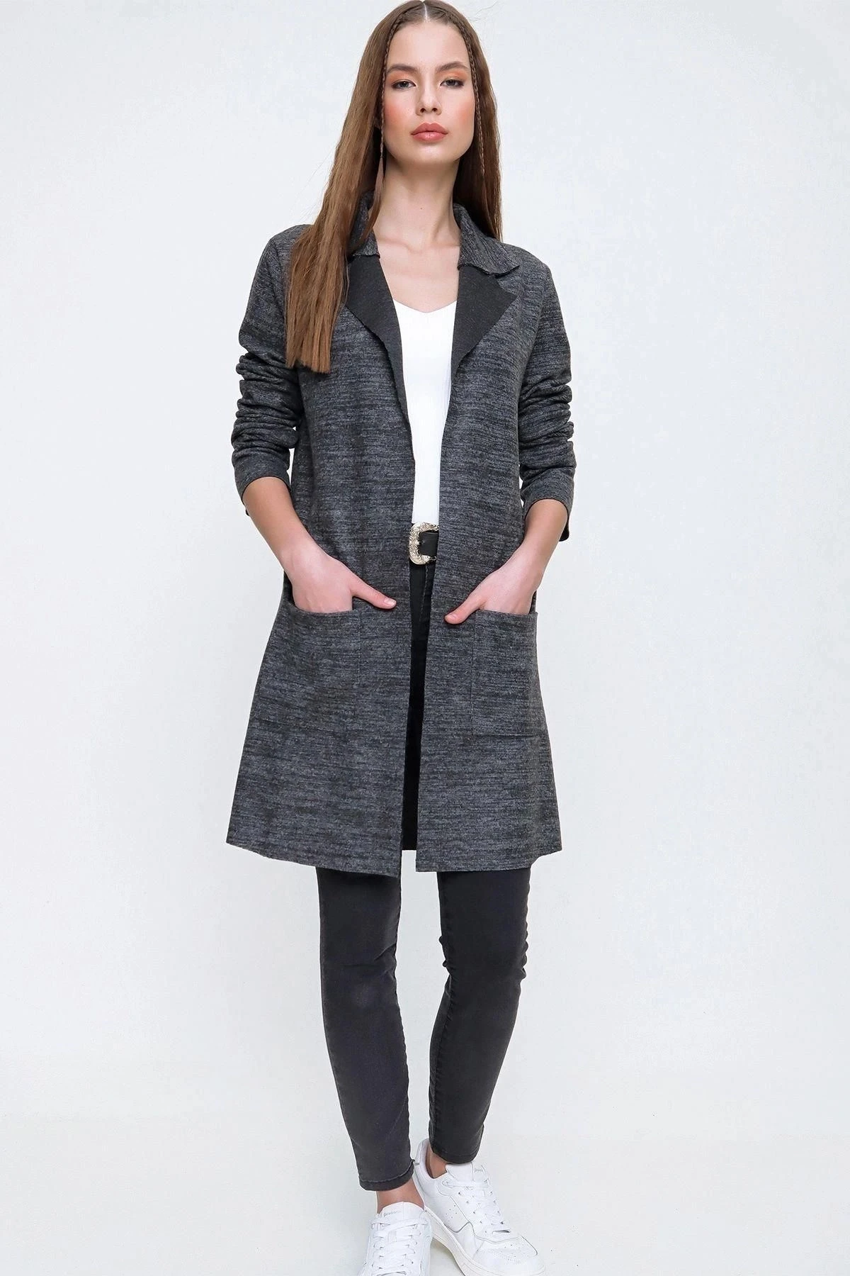 Kadın Antrasit Dokulu Çift Cep Uzun Ceket Hırka Uzun Kol - Tesettüre Uygun