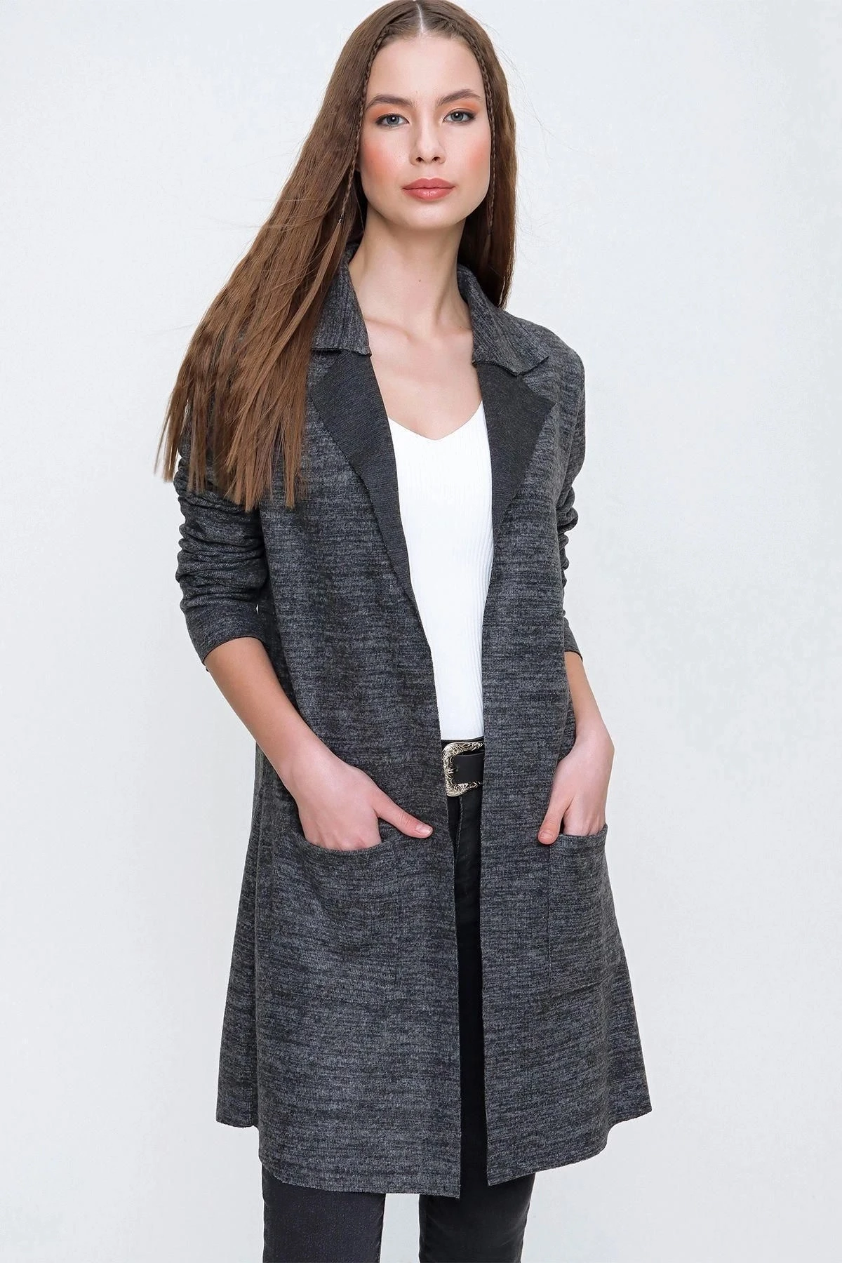 Kadın Antrasit Dokulu Çift Cep Uzun Ceket Hırka Uzun Kol - Tesettüre Uygun