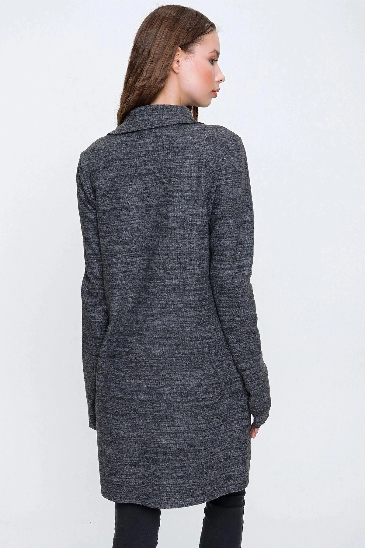 Kadın Antrasit Dokulu Çift Cep Uzun Ceket Hırka Uzun Kol - Tesettüre Uygun
