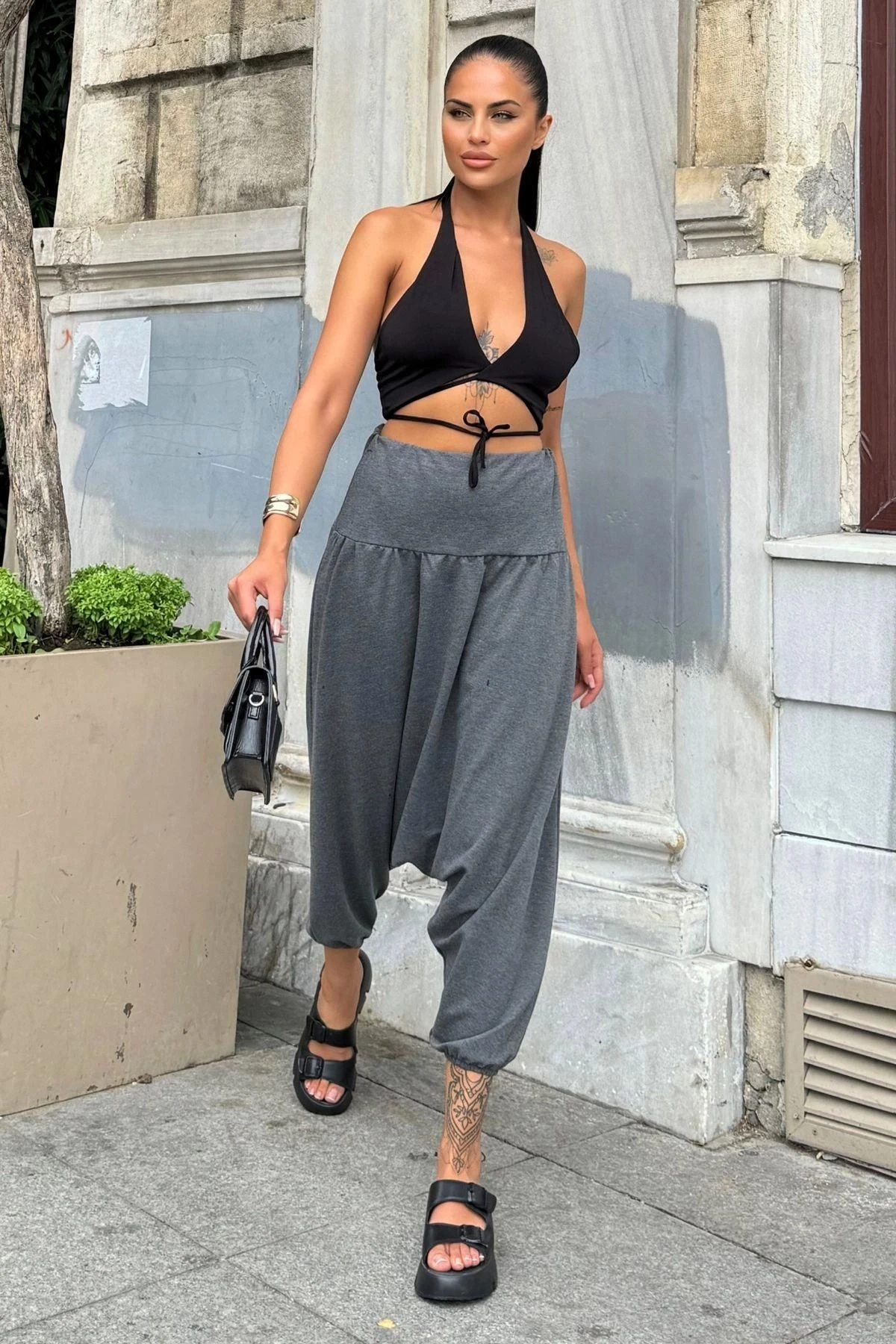 Kadın Antrasit Yüksek Bel, Paçası Lastikli, Salaş Örme Şalvar Pantolon