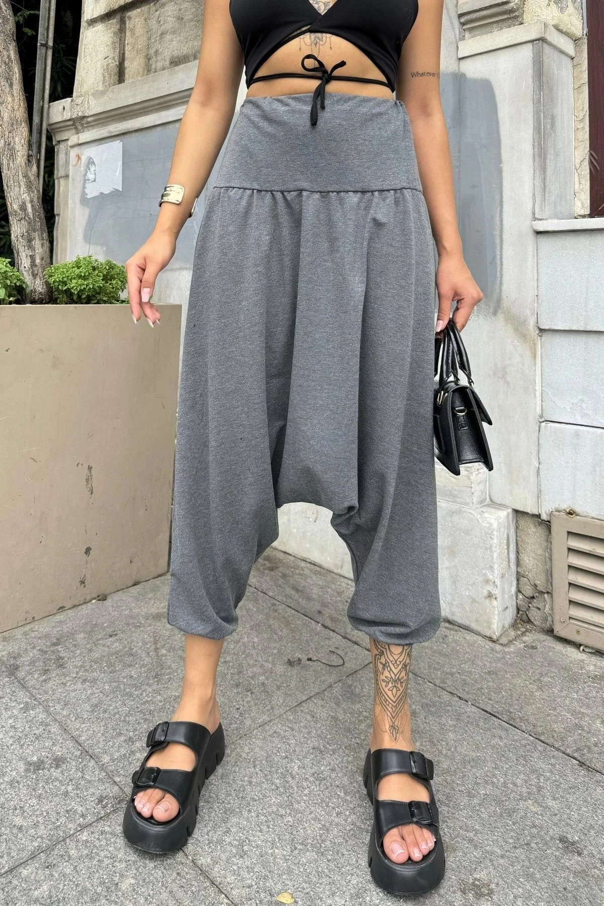 Kadın Antrasit Yüksek Bel, Paçası Lastikli, Salaş Örme Şalvar Pantolon