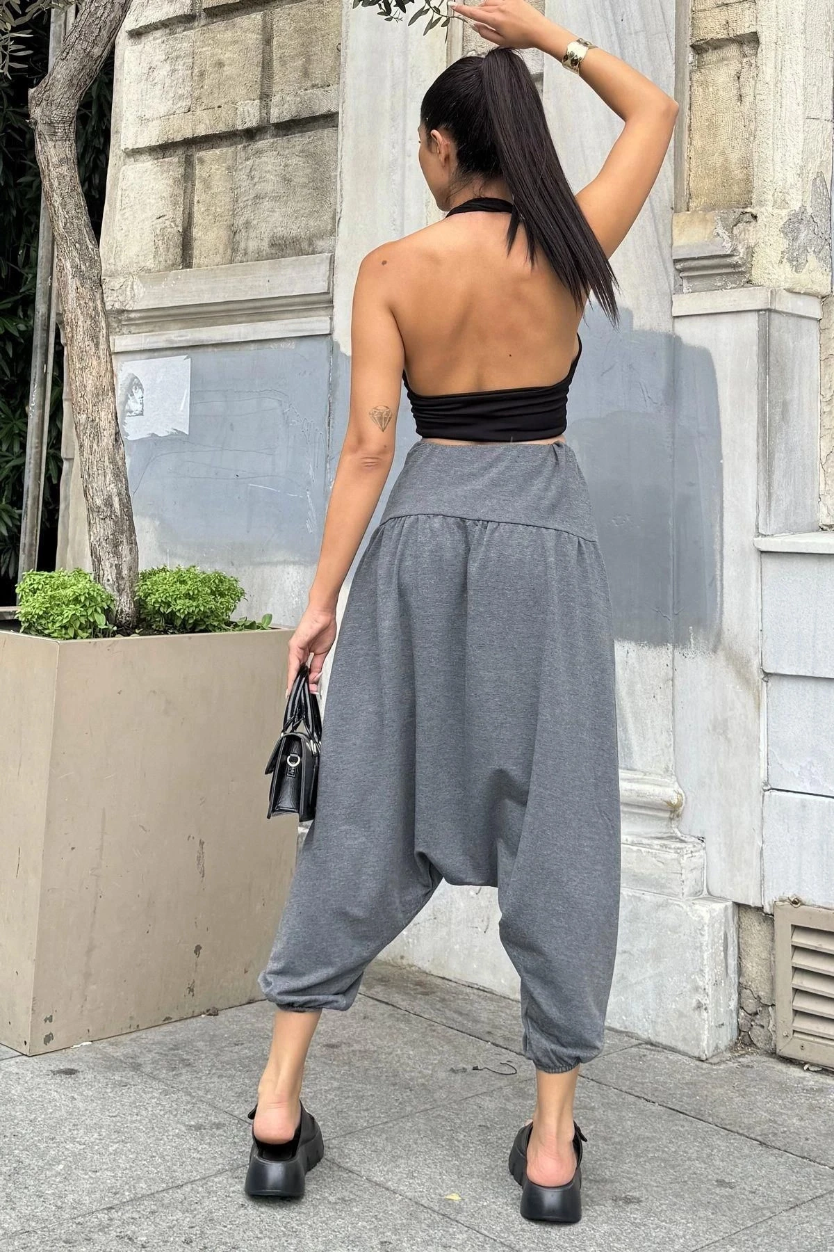 Kadın Antrasit Yüksek Bel, Paçası Lastikli, Salaş Örme Şalvar Pantolon