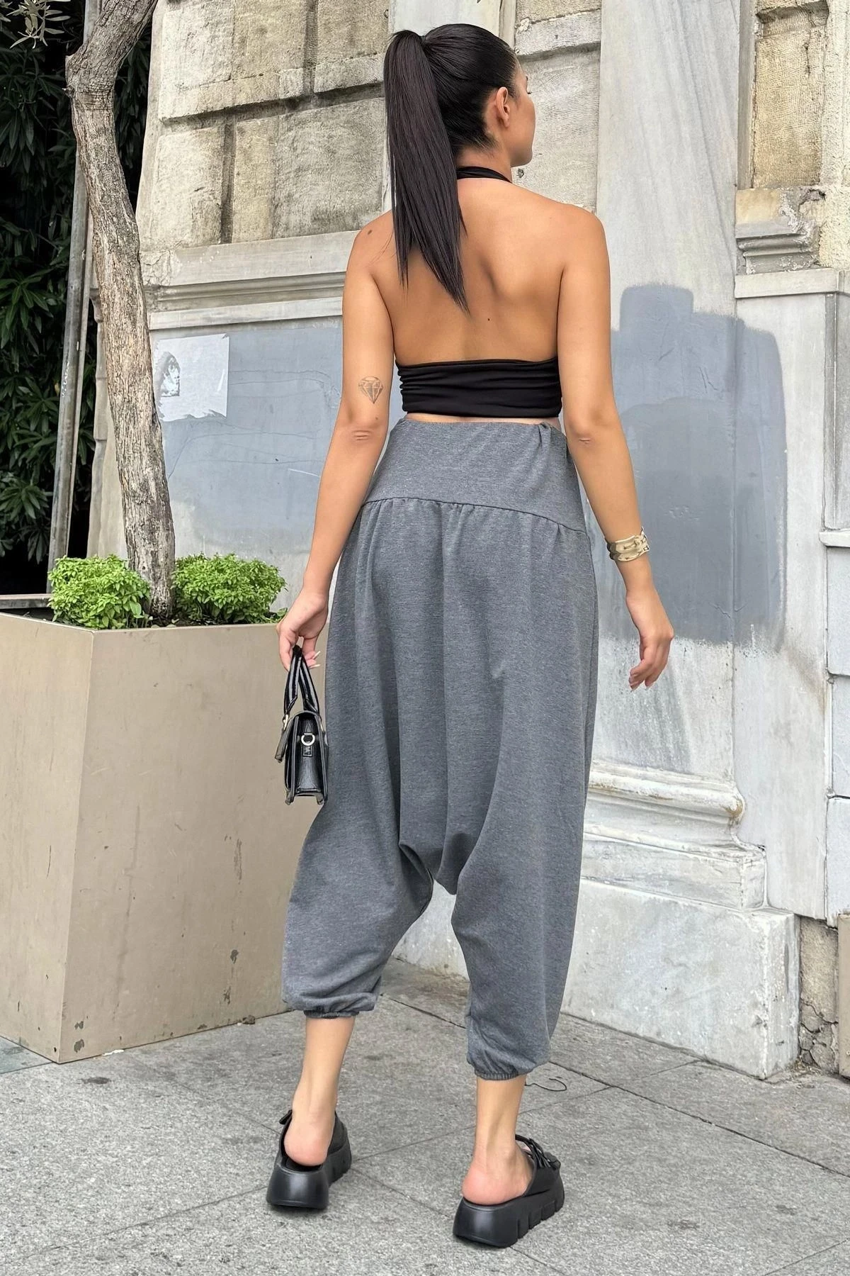 Kadın Antrasit Yüksek Bel, Paçası Lastikli, Salaş Örme Şalvar Pantolon