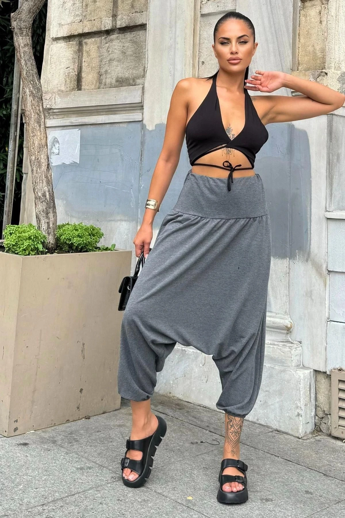 Kadın Antrasit Yüksek Bel, Paçası Lastikli, Salaş Örme Şalvar Pantolon