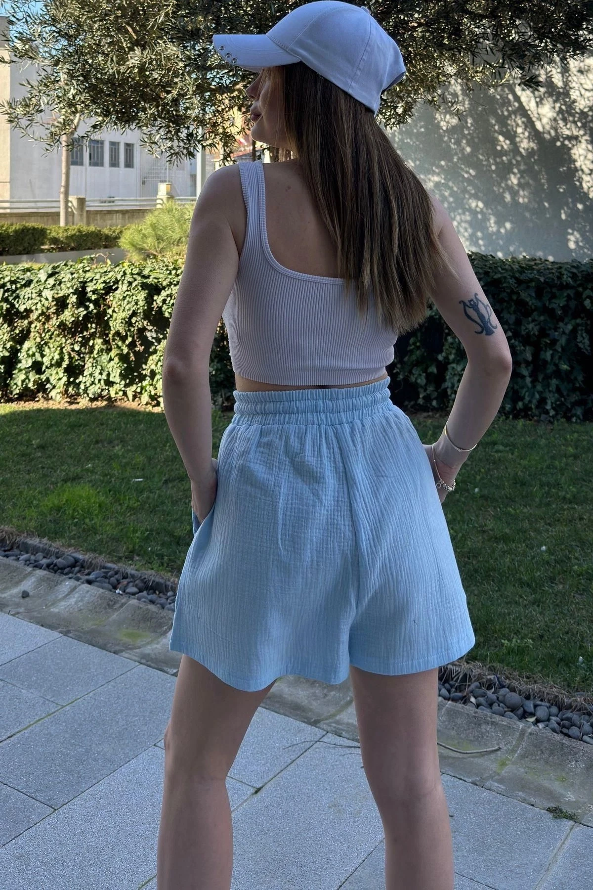 Kadın Bebe Mavi Cepli, Bağcıklı, Beli Lastikli, Salaş Müslin Şort