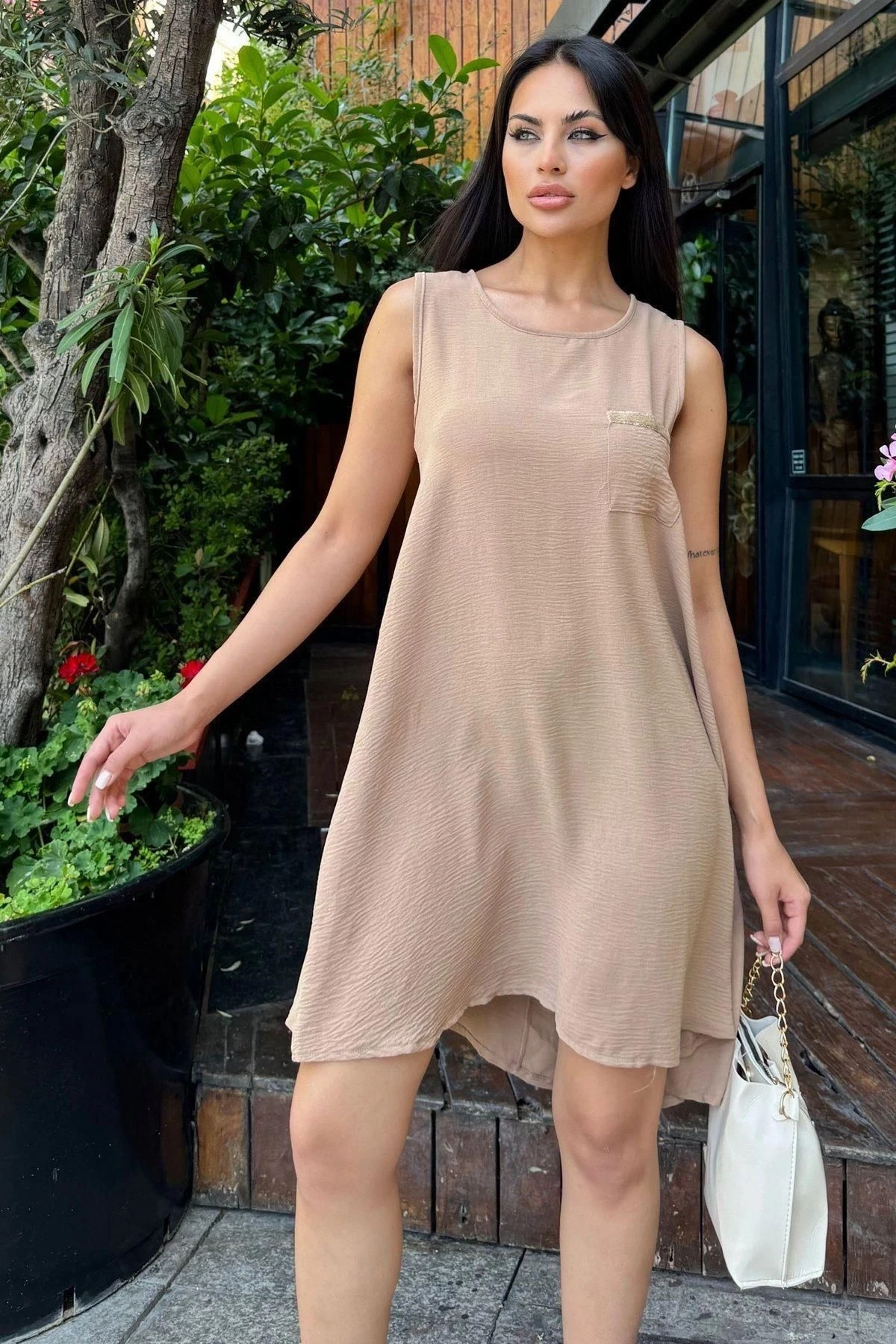 Kadın Bej Hasır Cep Detaylı, Arka Düğme Kapama, Midi, Kloş Airobin Elbise