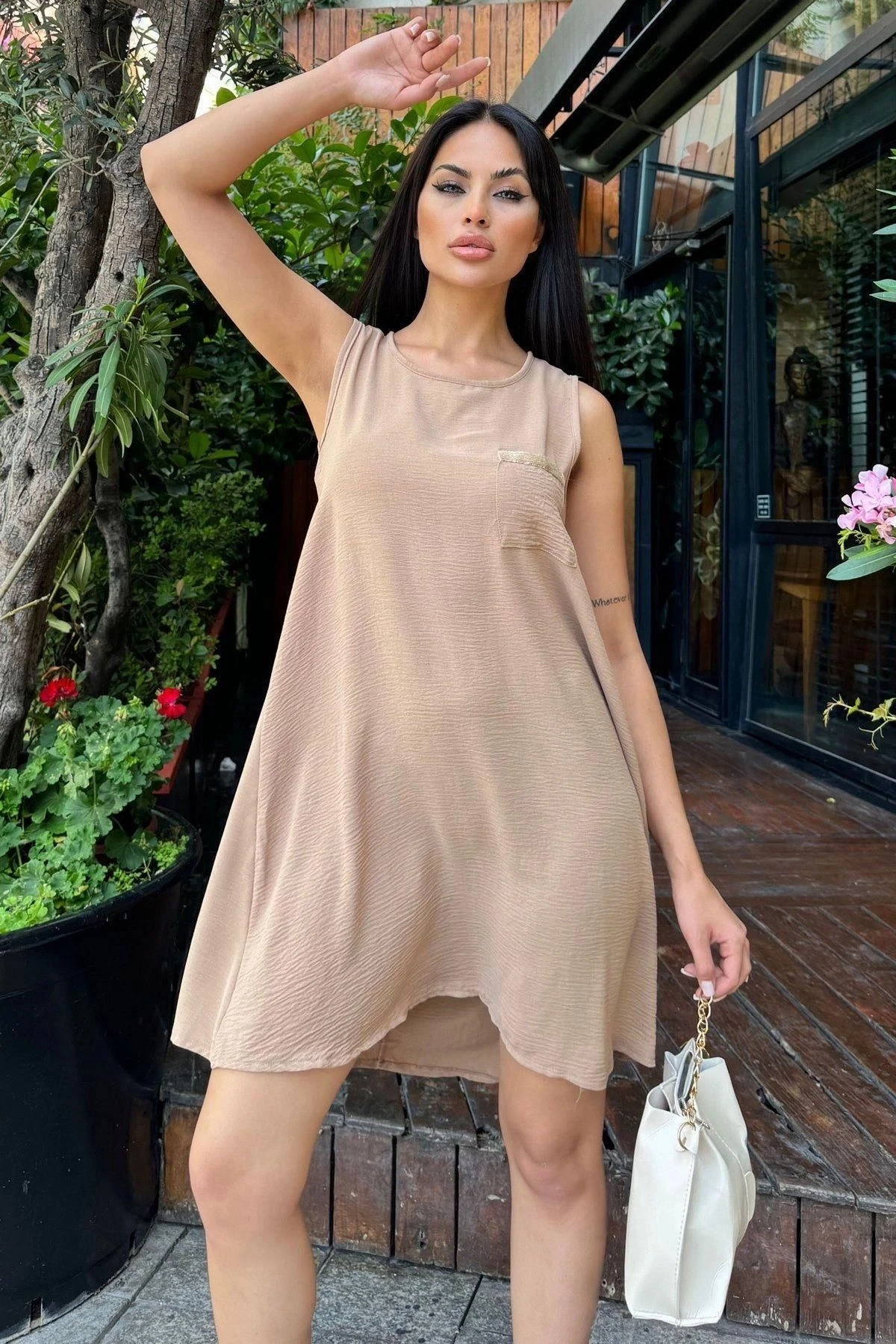 Kadın Bej Hasır Cep Detaylı, Arka Düğme Kapama, Midi, Kloş Airobin Elbise