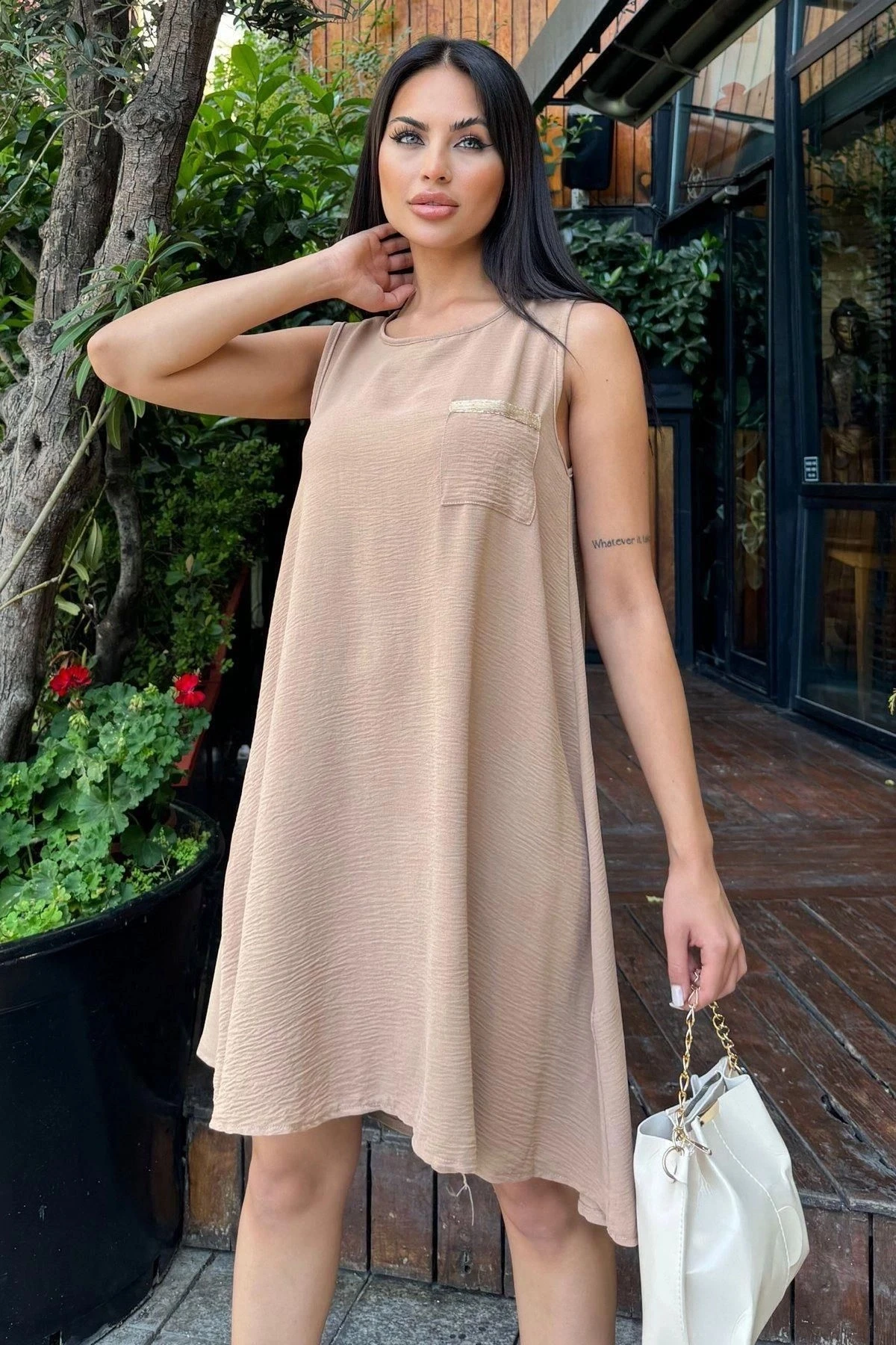 Kadın Bej Hasır Cep Detaylı, Arka Düğme Kapama, Midi, Kloş Airobin Elbise