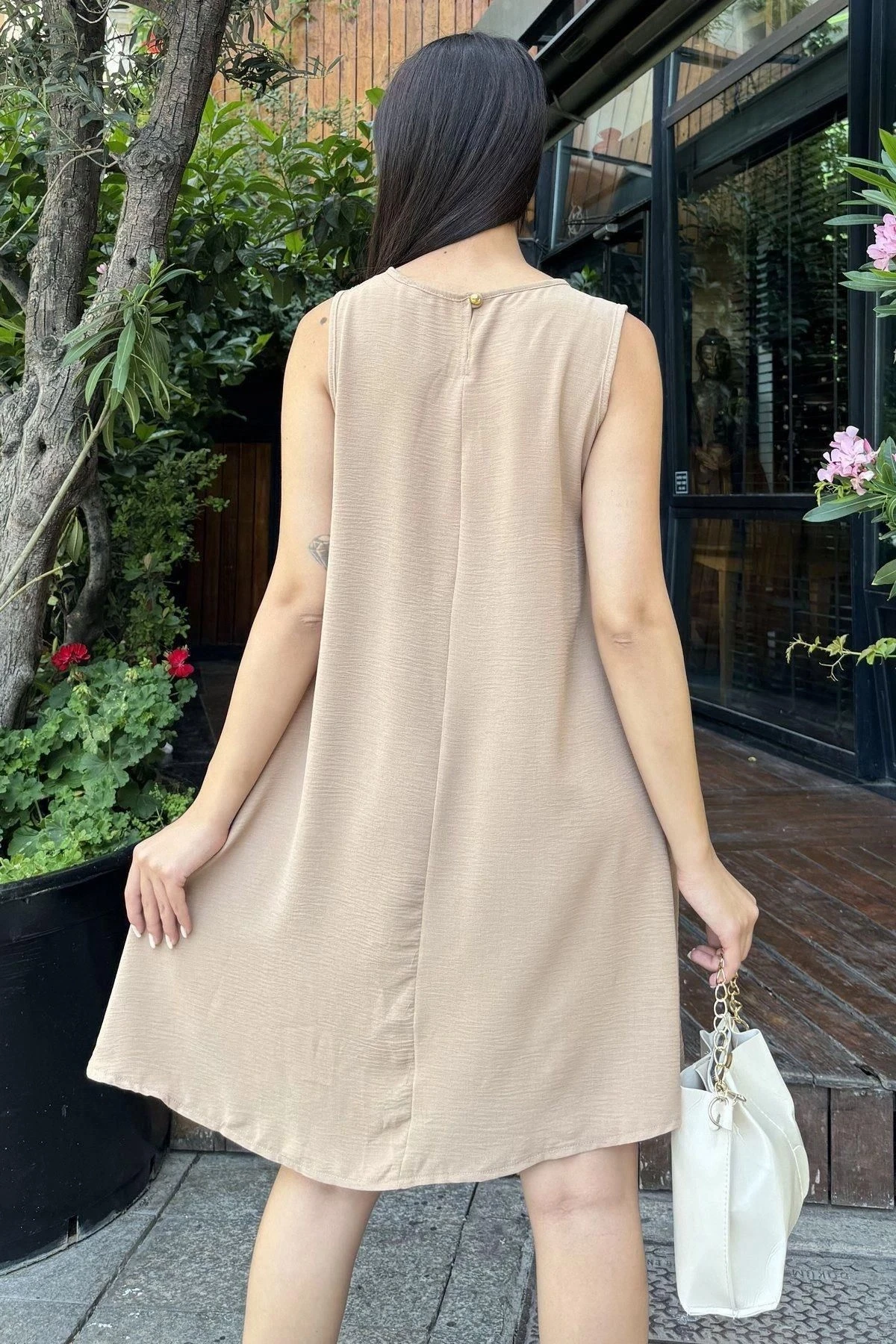 Kadın Bej Hasır Cep Detaylı, Arka Düğme Kapama, Midi, Kloş Airobin Elbise