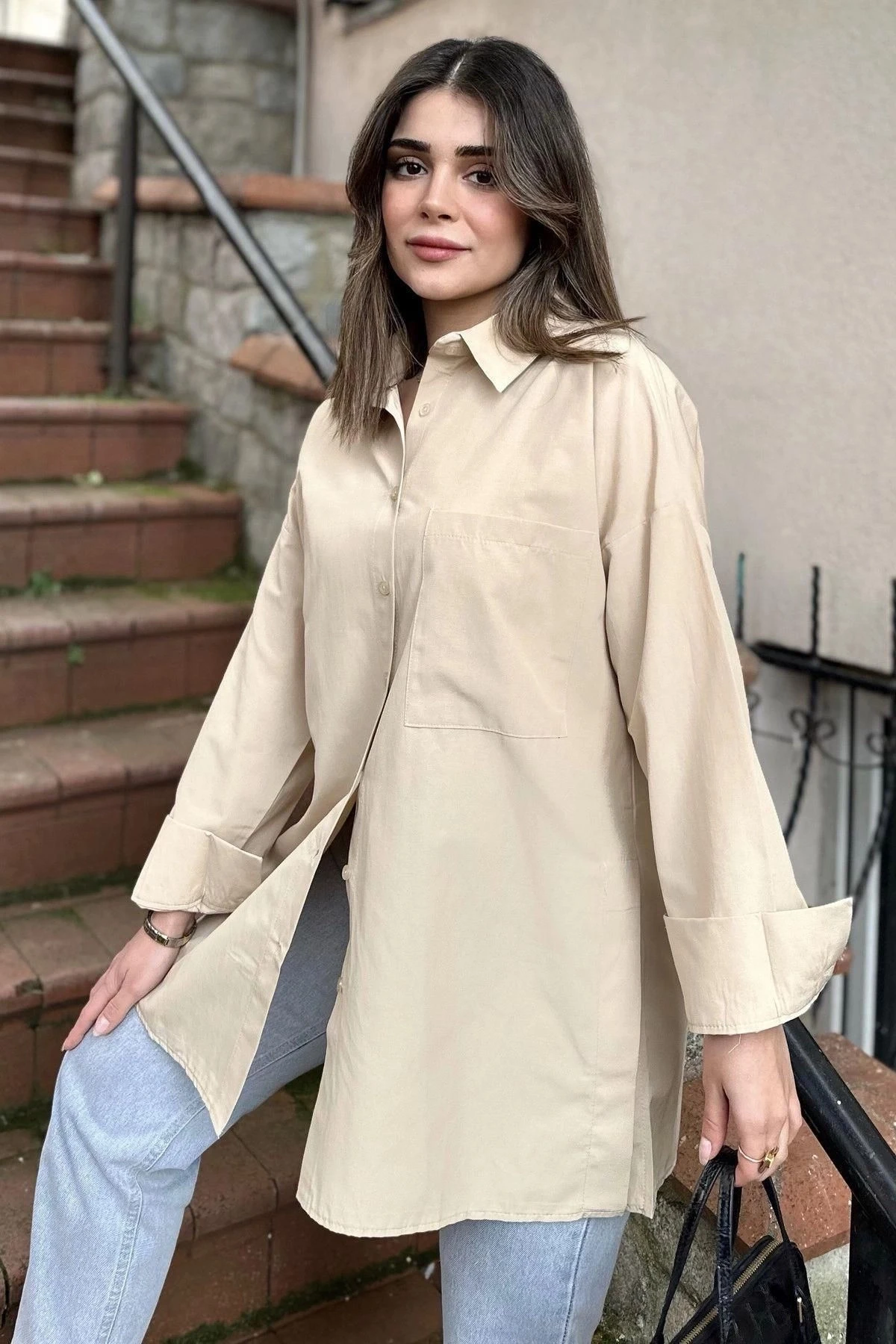 Kadın bej Terikoton Kumaş, Yırtmaçlı, Rahat Uzun Gömlek
