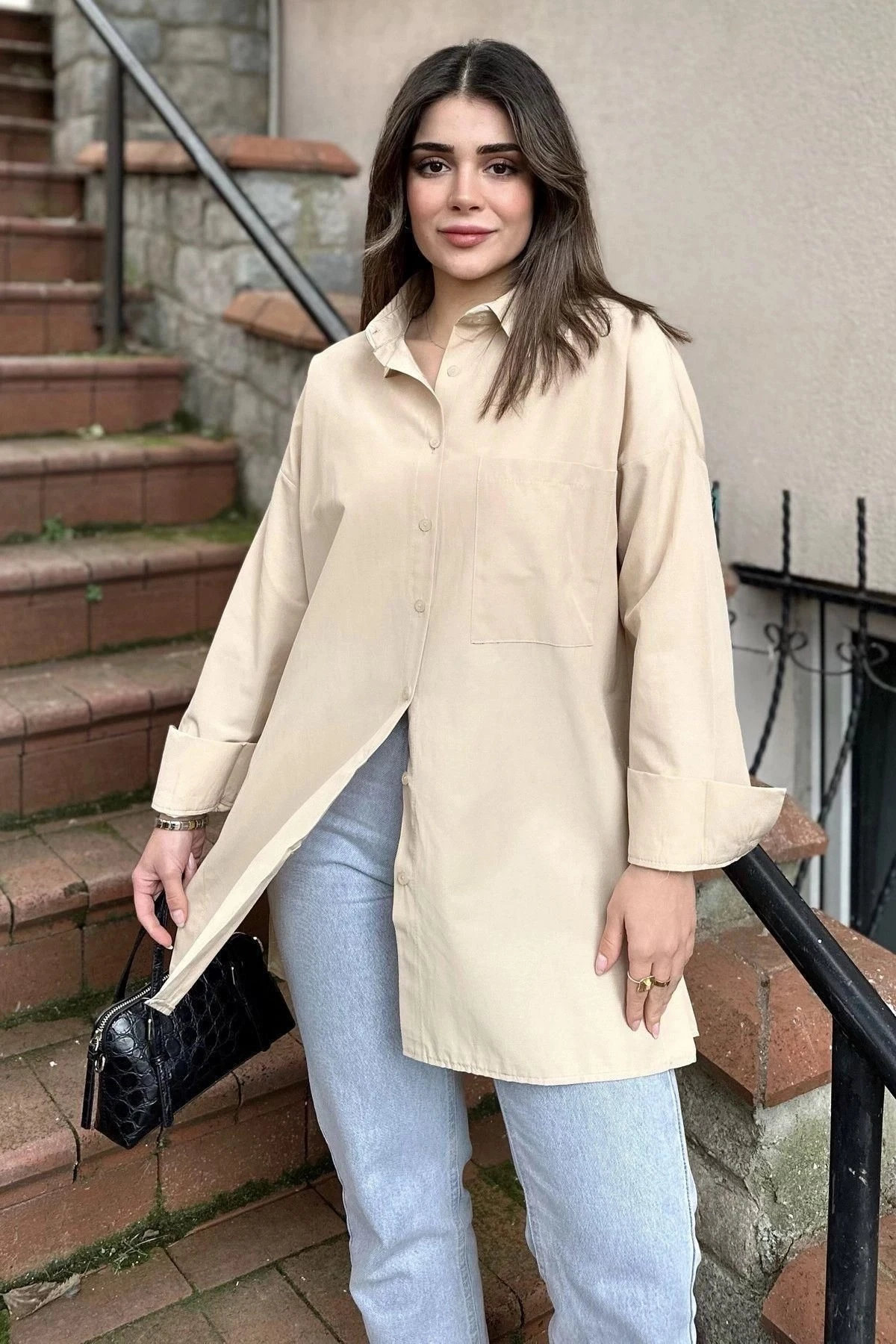 Kadın bej Terikoton Kumaş, Yırtmaçlı, Rahat Uzun Gömlek