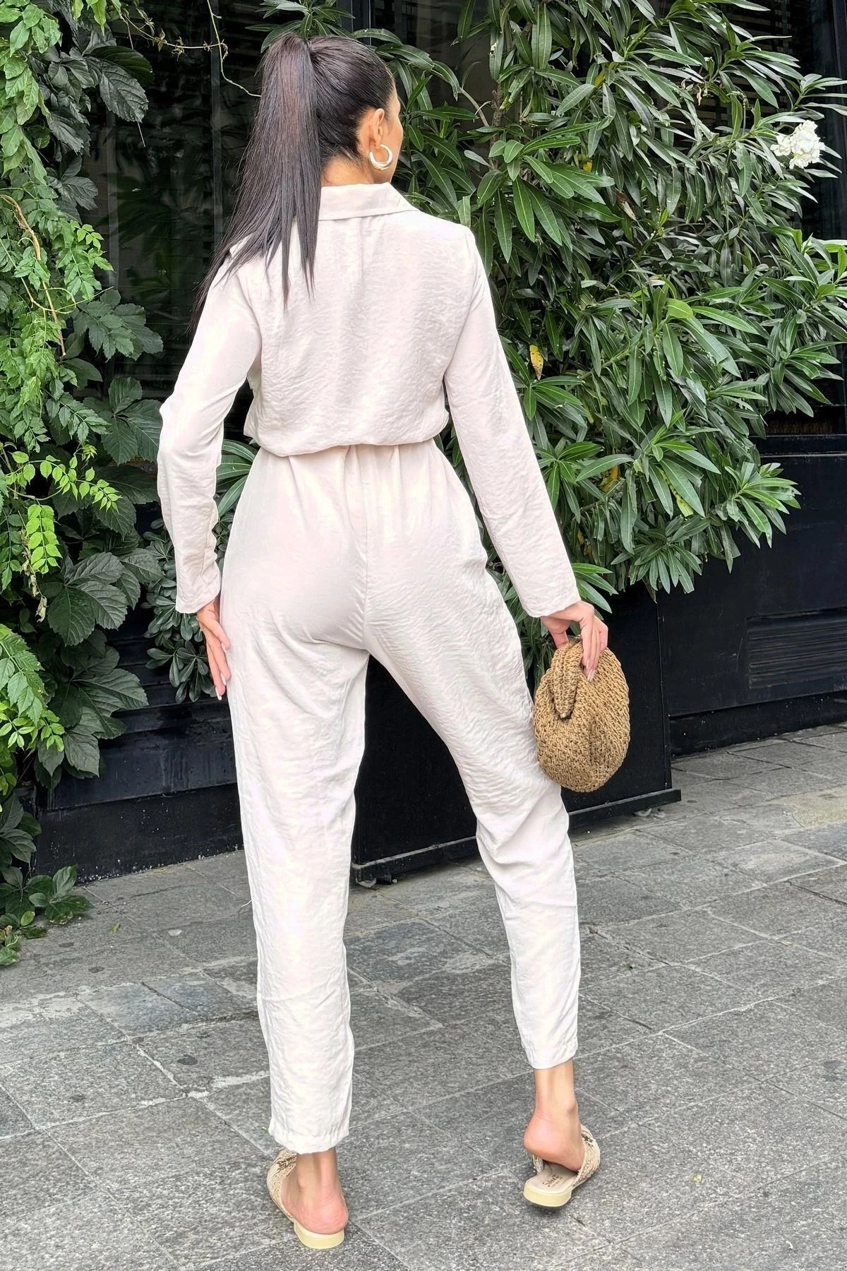 Kadın Bej Uzun Kol, Gömlek Yaka, Cepli, Kemerli, Airobin Safari Tulum