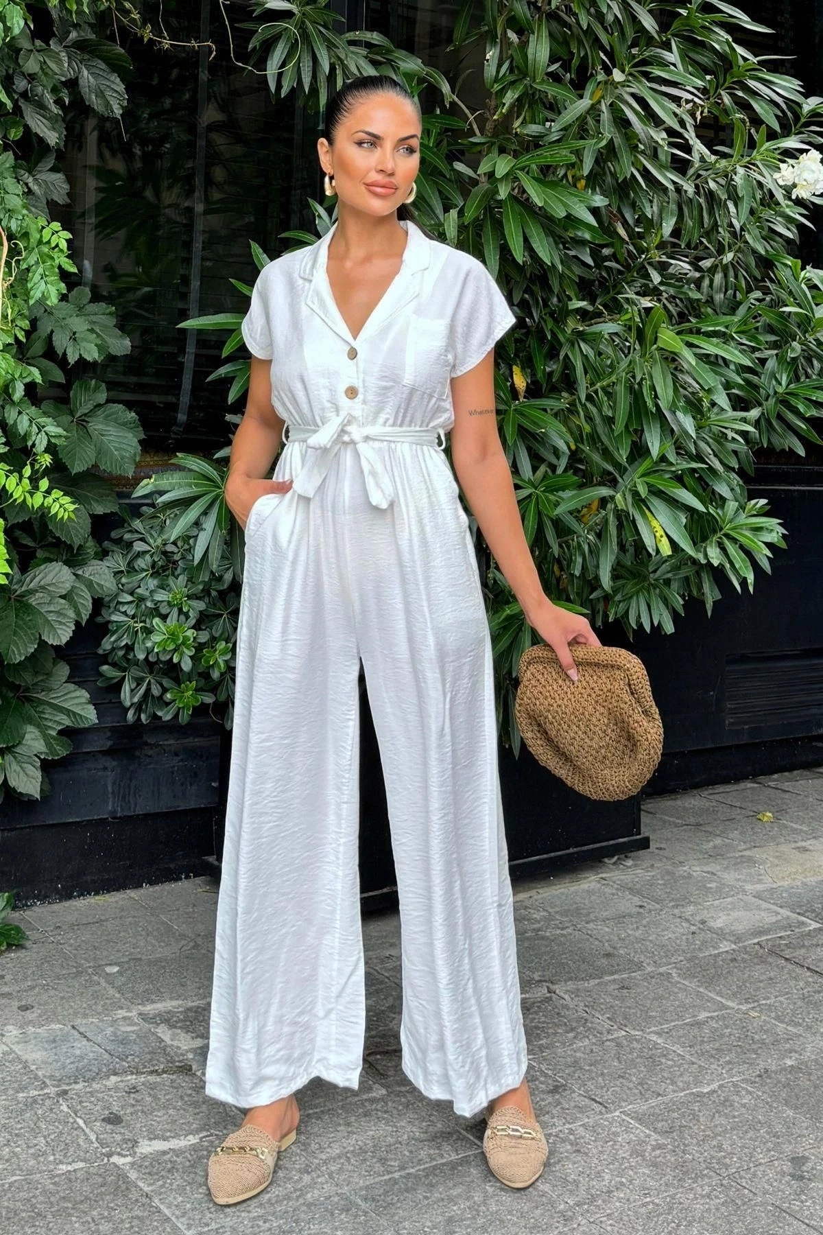 Kadın Beyaz Keten/Airobin Kumaş, Rahat Kesim, Cepli, Yarım Patlı, Kemerli/Kuşaklı Tulum