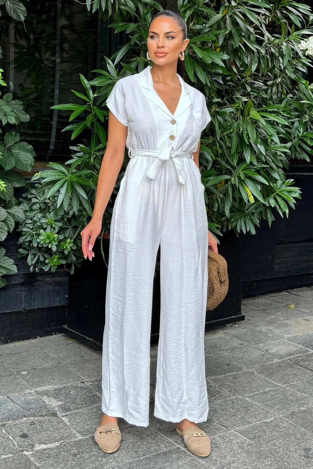 Kadın Beyaz Keten/Airobin Kumaş, Rahat Kesim, Cepli, Yarım Patlı, Kemerli/Kuşaklı Tulum