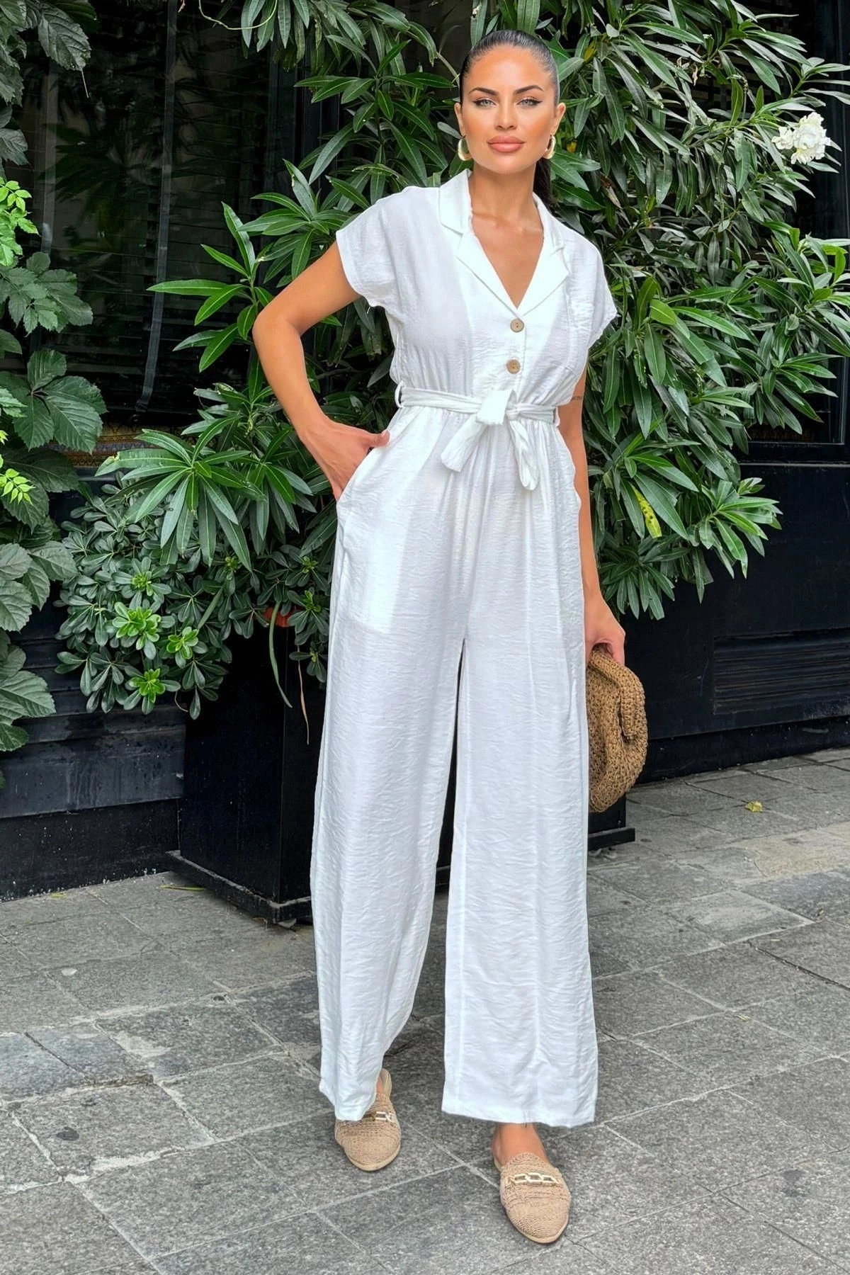 Kadın Beyaz Keten/Airobin Kumaş, Rahat Kesim, Cepli, Yarım Patlı, Kemerli/Kuşaklı Tulum